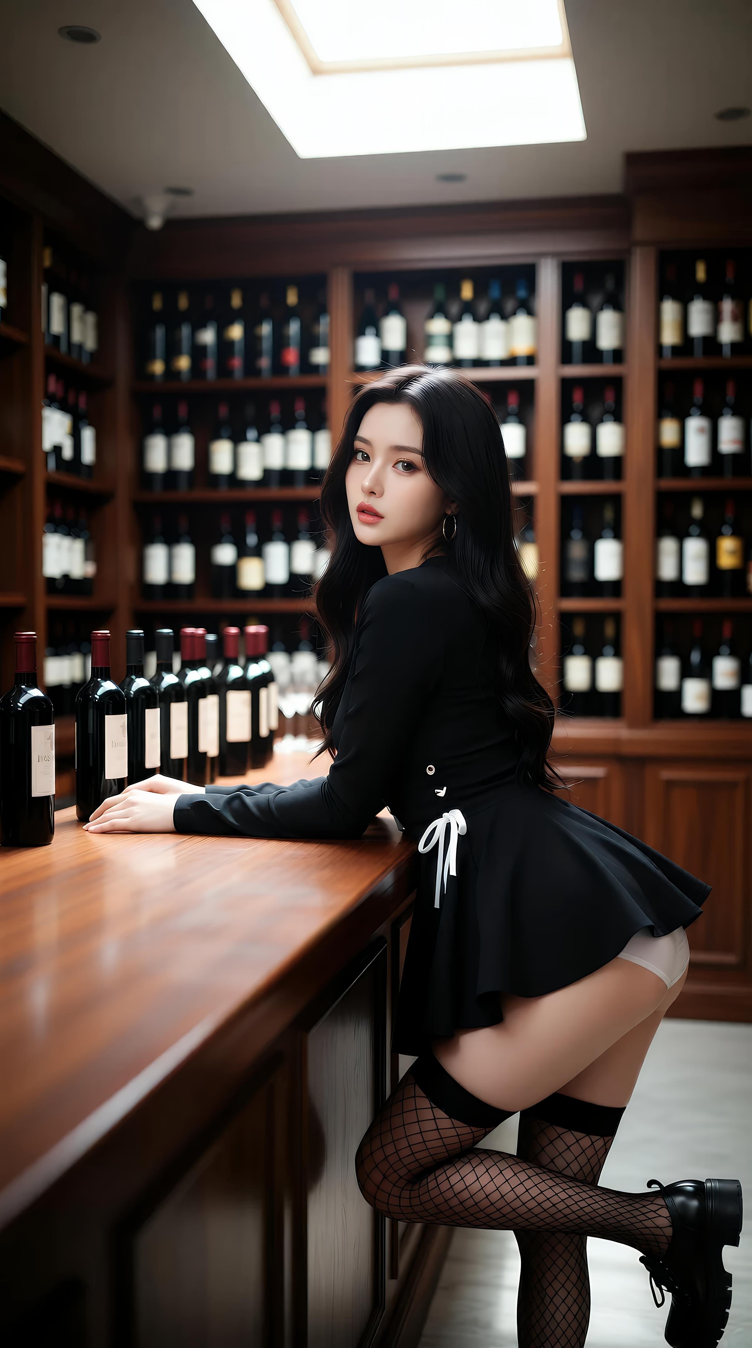 [AI美女] เล่อเหยา - ชุดยูนิฟอร์มถุงน่องสีดำในห้องเก็บไวน์: เสื้อคลุมสีดำ ถุงน่องตาข่าย ขาเรียวสวย 71P