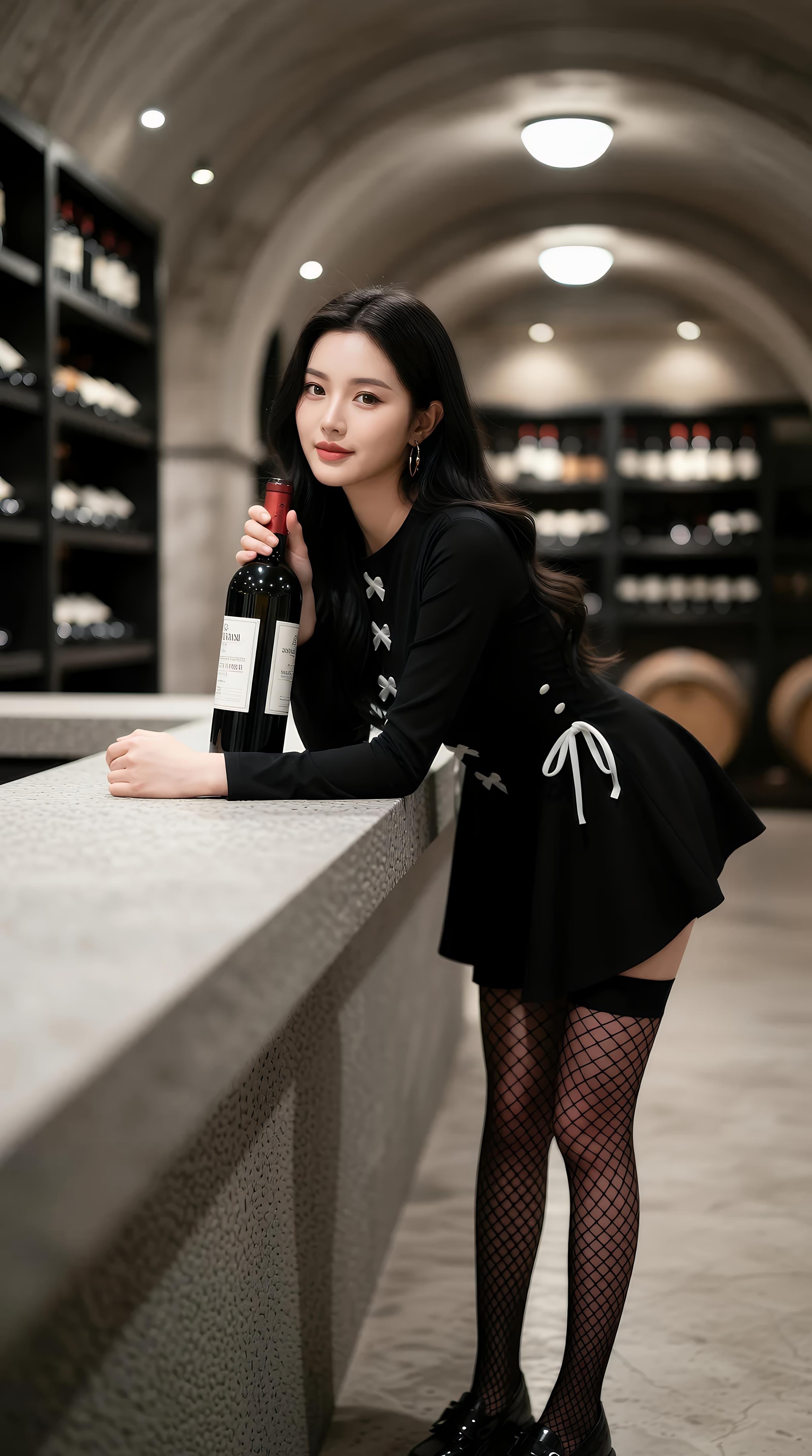[AI美女] 乐瑶 - 酒窖黑丝制服：黑色外套鱼网袜美腿 71P