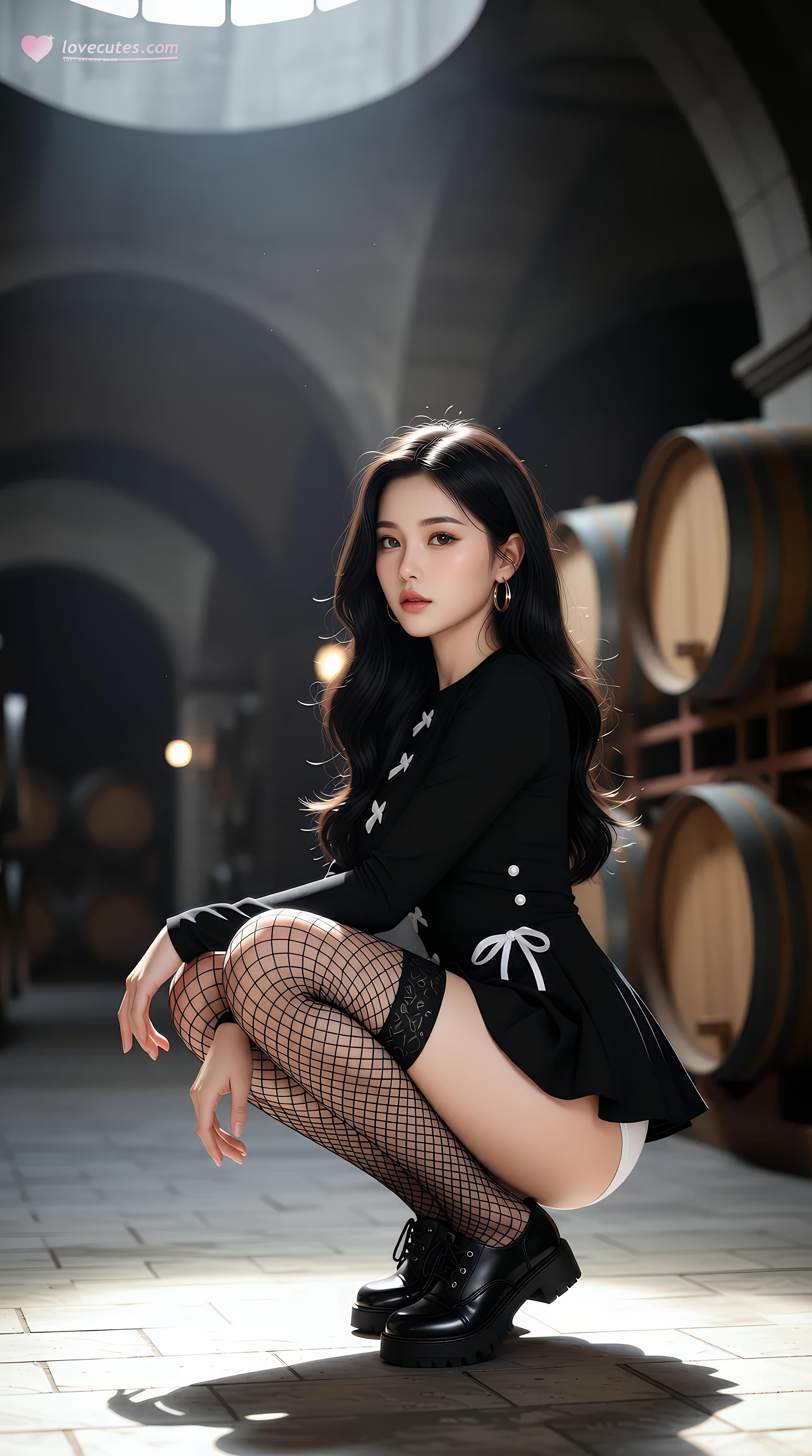 [AI美女] 乐瑶 - 酒窖黑丝制服：黑色外套鱼网袜美腿 71P
