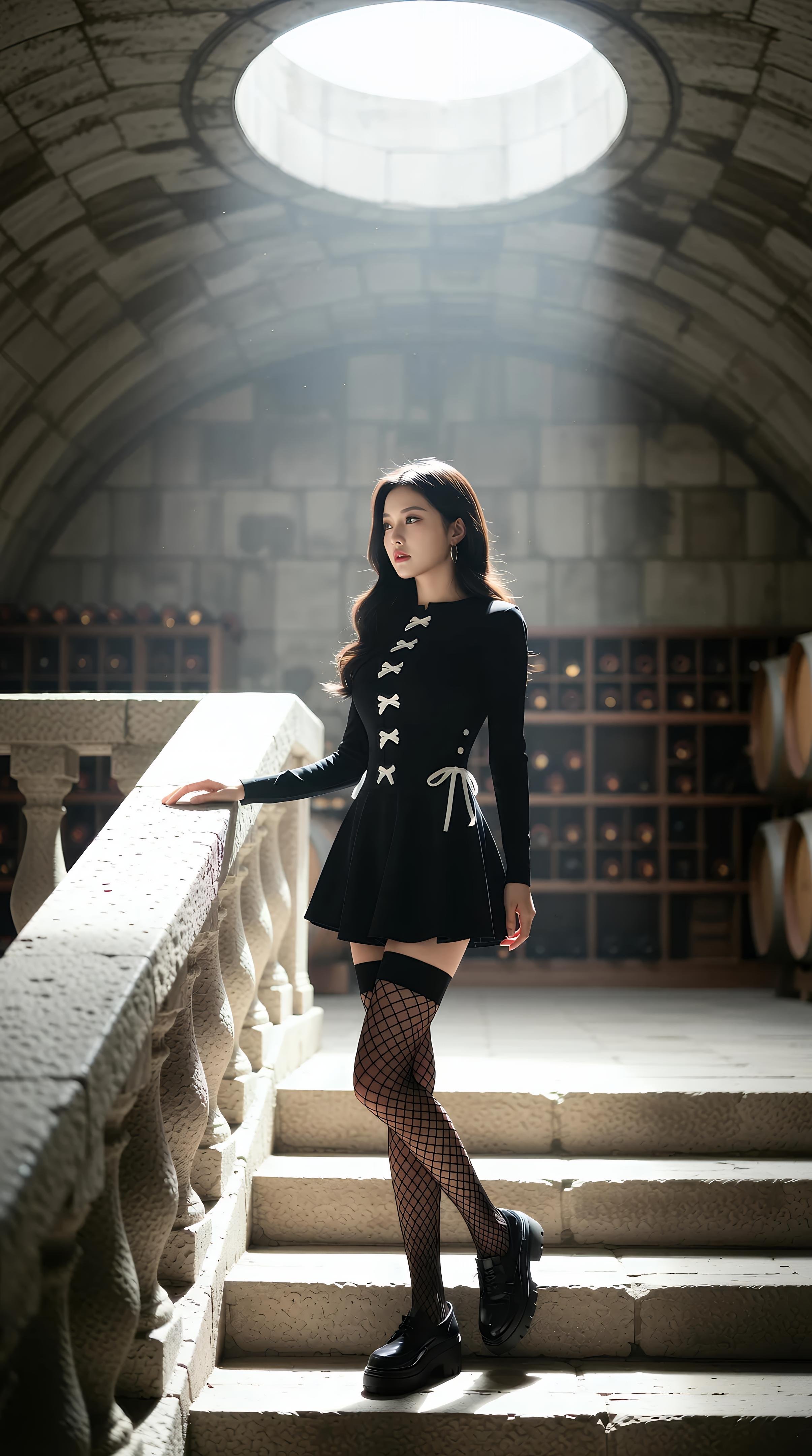 [AI美女] 乐瑶 - 酒窖黑丝制服：黑色外套鱼网袜美腿 71P