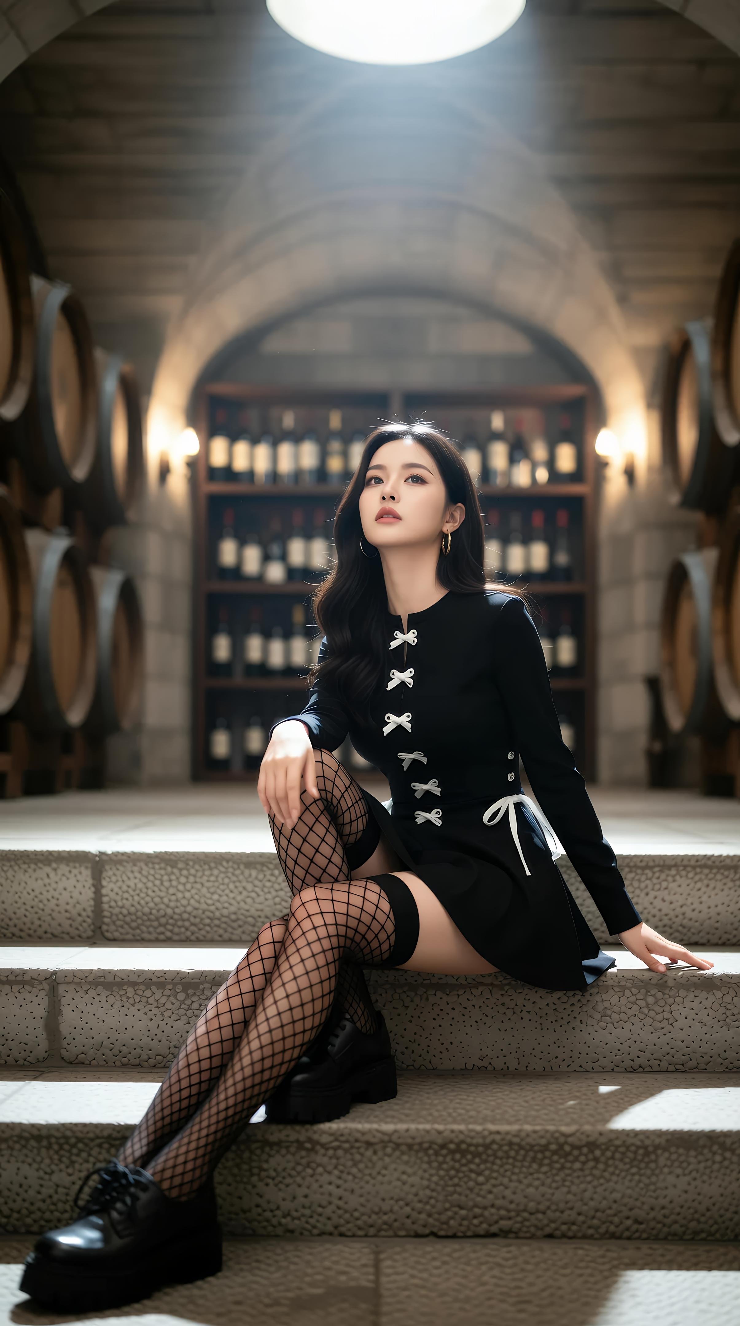 [AI美女] 乐瑶 - 酒窖黑丝制服：黑色外套鱼网袜美腿 71P