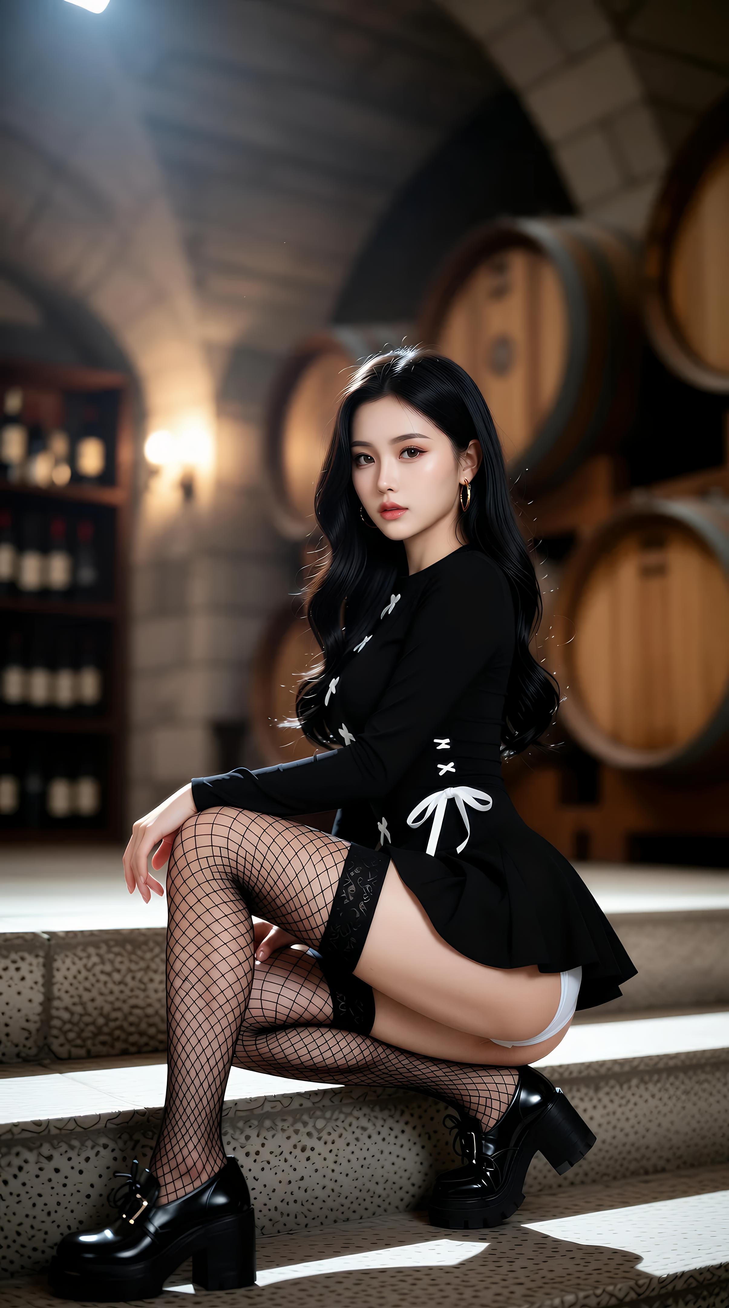 [AI美女] 乐瑶 - 酒窖黑丝制服：黑色外套鱼网袜美腿 71P