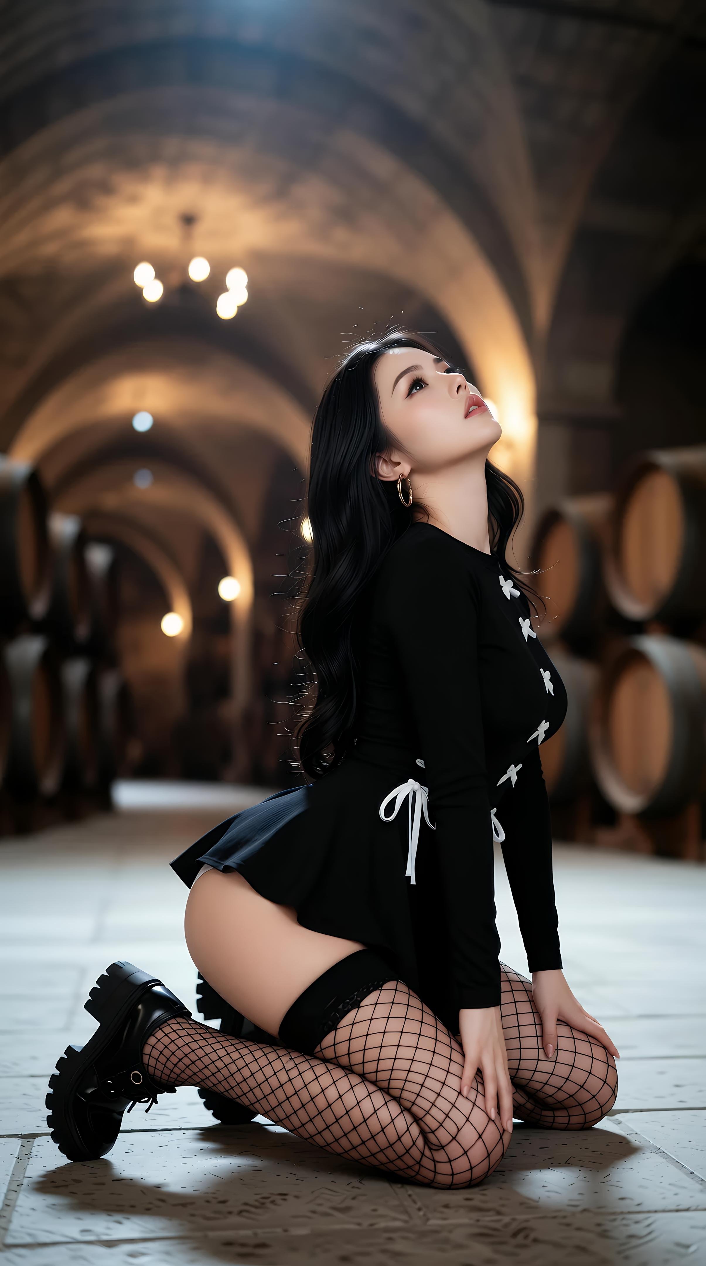 [AI美女] 乐瑶 - 酒窖黑丝制服：黑色外套鱼网袜美腿 71P