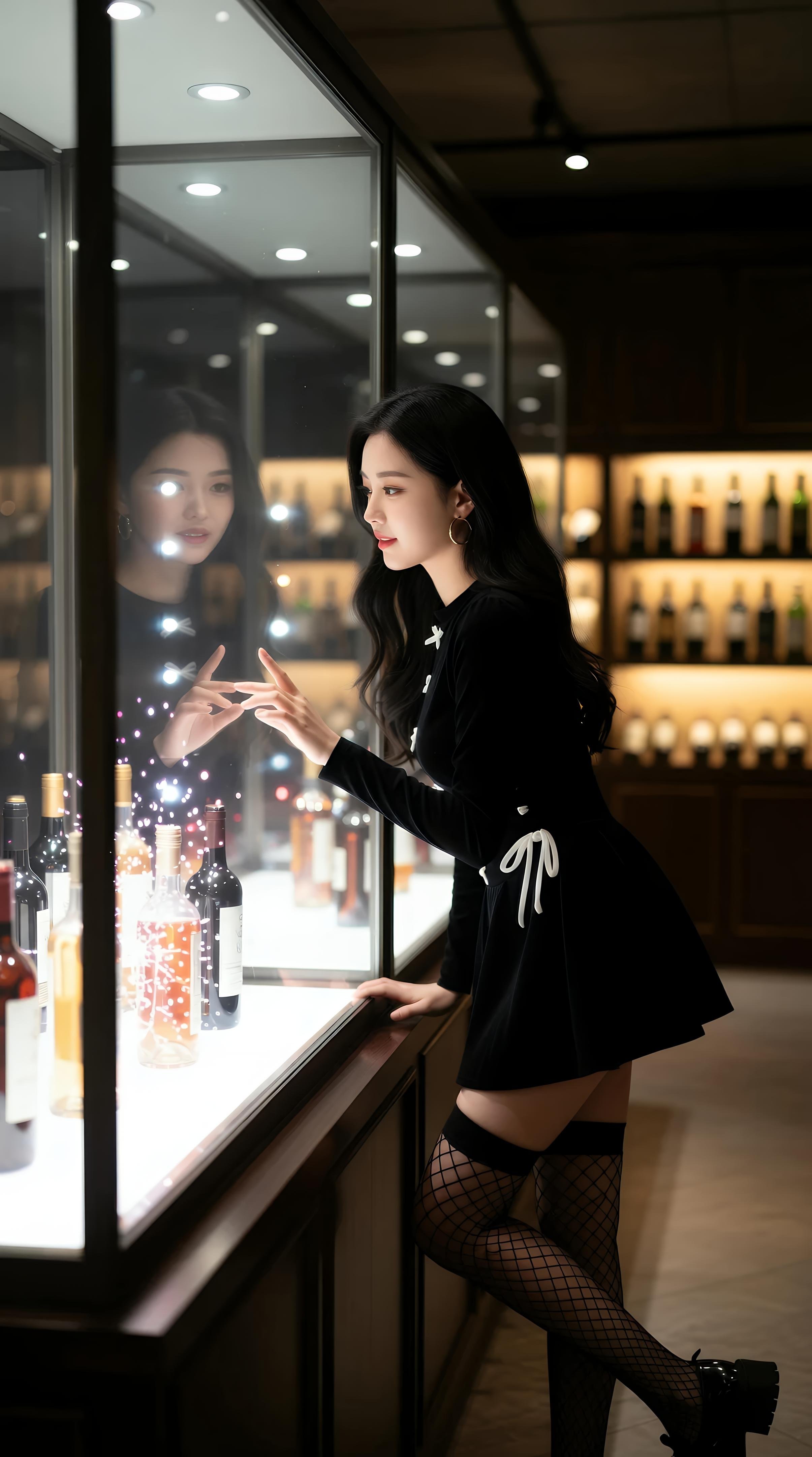 [AI美女] 乐瑶 - 酒窖黑丝制服：黑色外套鱼网袜美腿 71P