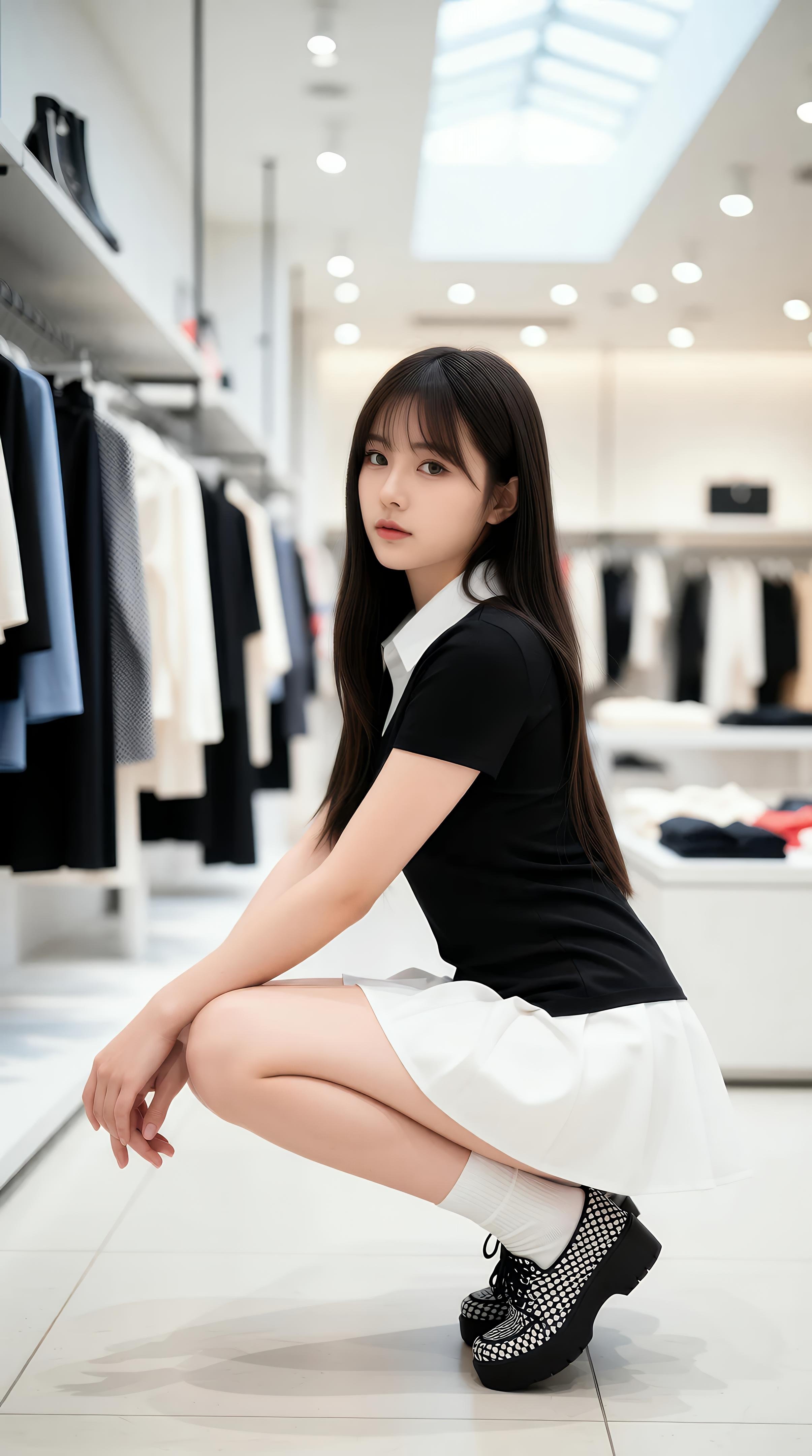 [AI美女] 夏甜ava - 商場短裙少女：黑色上衣白裙清純寫真 68P
