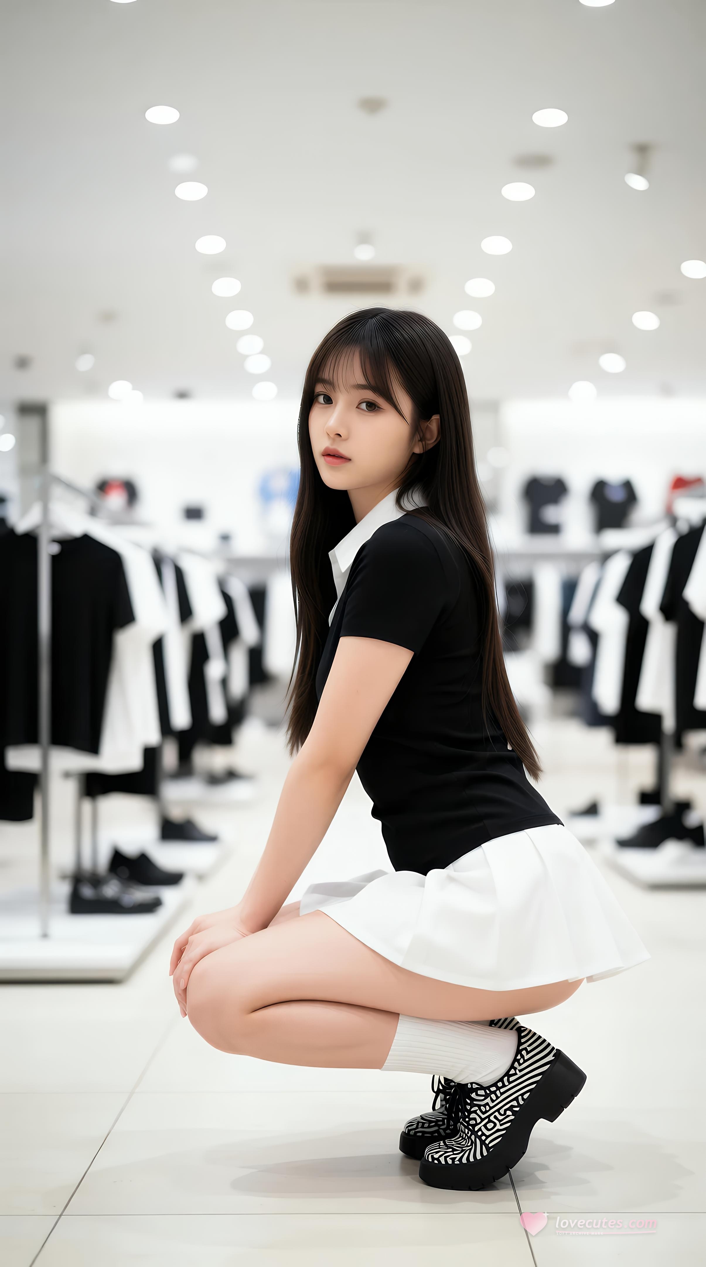 [AI美女] 夏甜ava - 쇼핑몰 짧은 치마 소녀: 검은 상의와 흰 치마의 청순 화보 68P