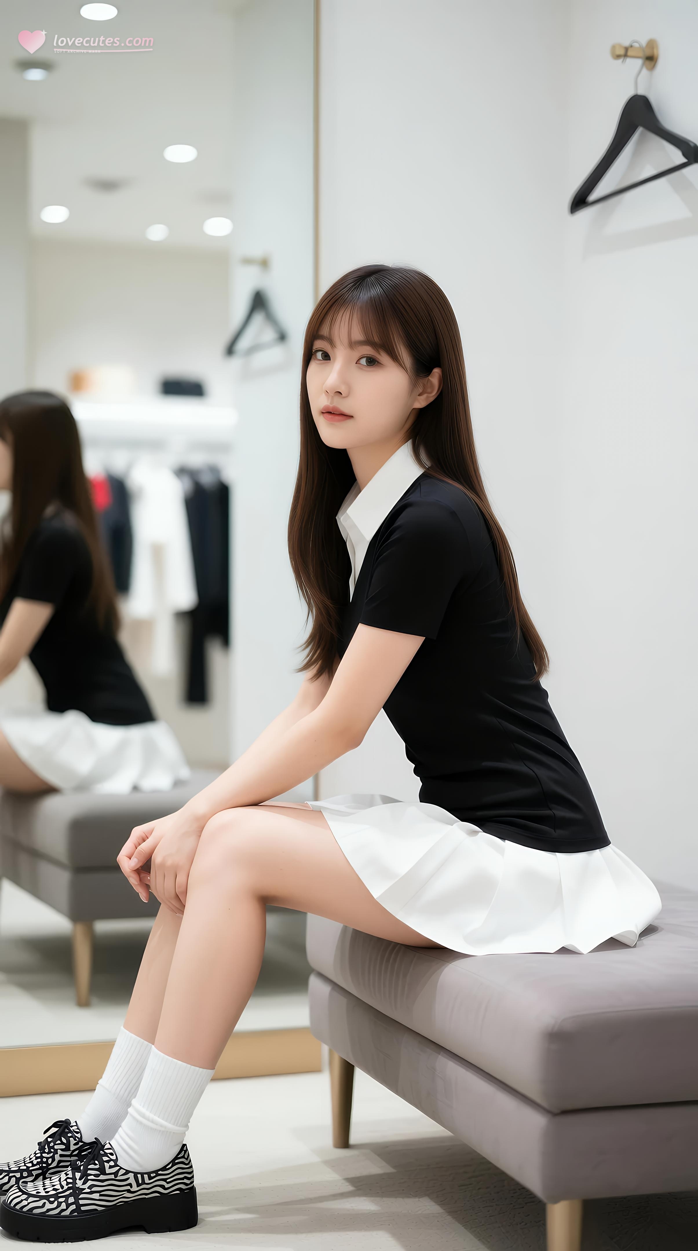 [AI美女] 夏甜ava - 商场短裙少女：黑色上衣白裙清纯写真 68P