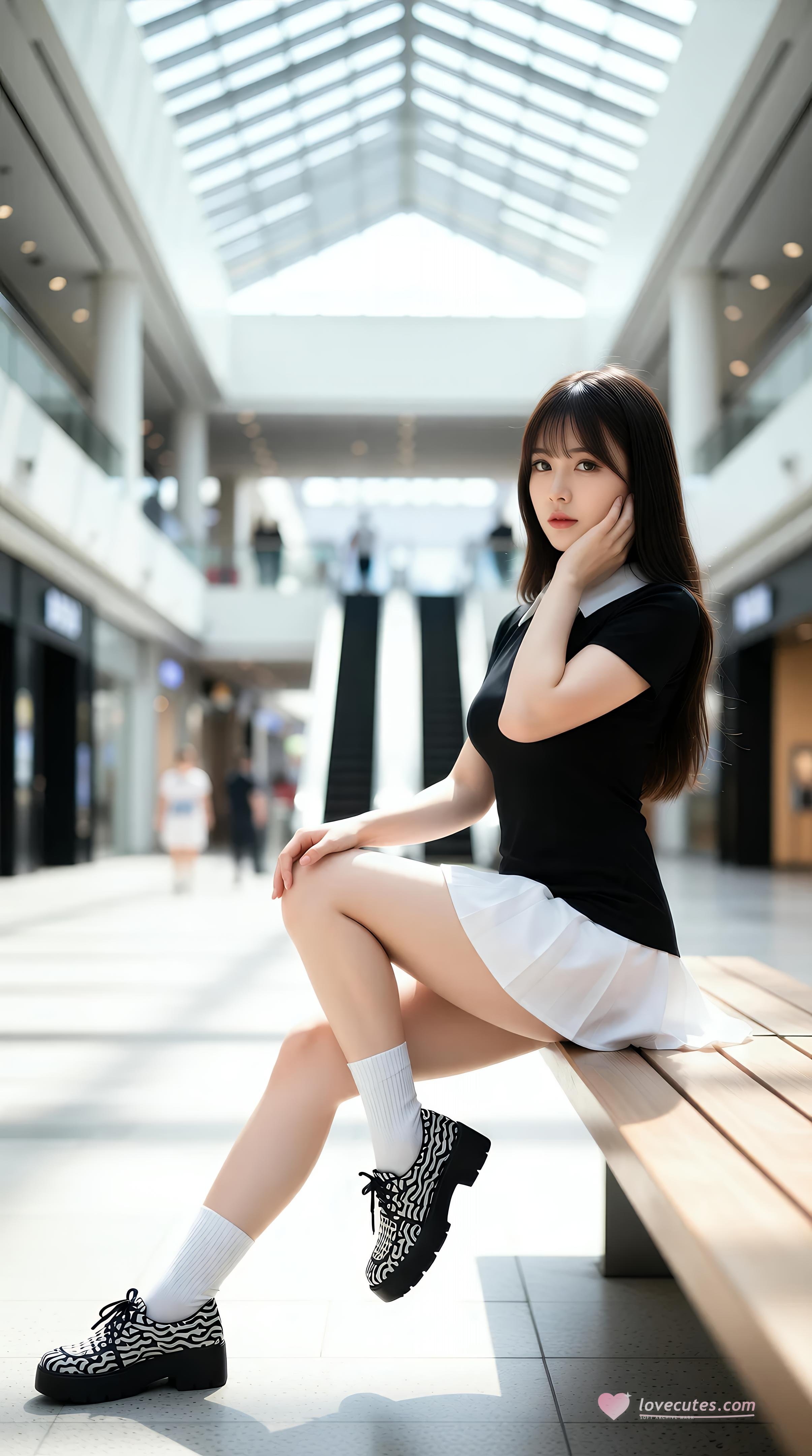 [AI美女] 夏甜ava - 商场短裙少女：黑色上衣白裙清纯写真 68P