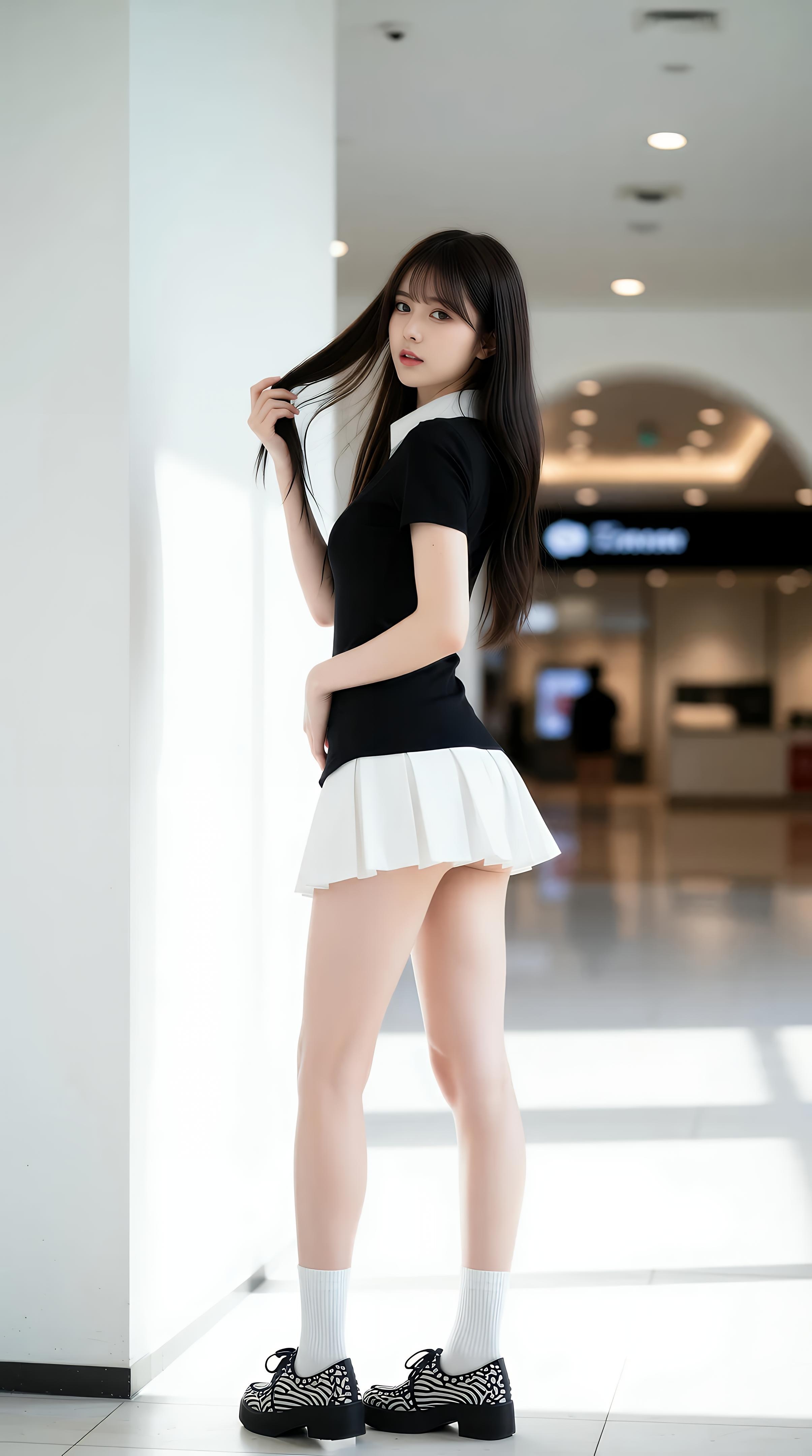 [AI美女] 夏甜ava - 商場短裙少女：黑色上衣白裙清純寫真 68P
