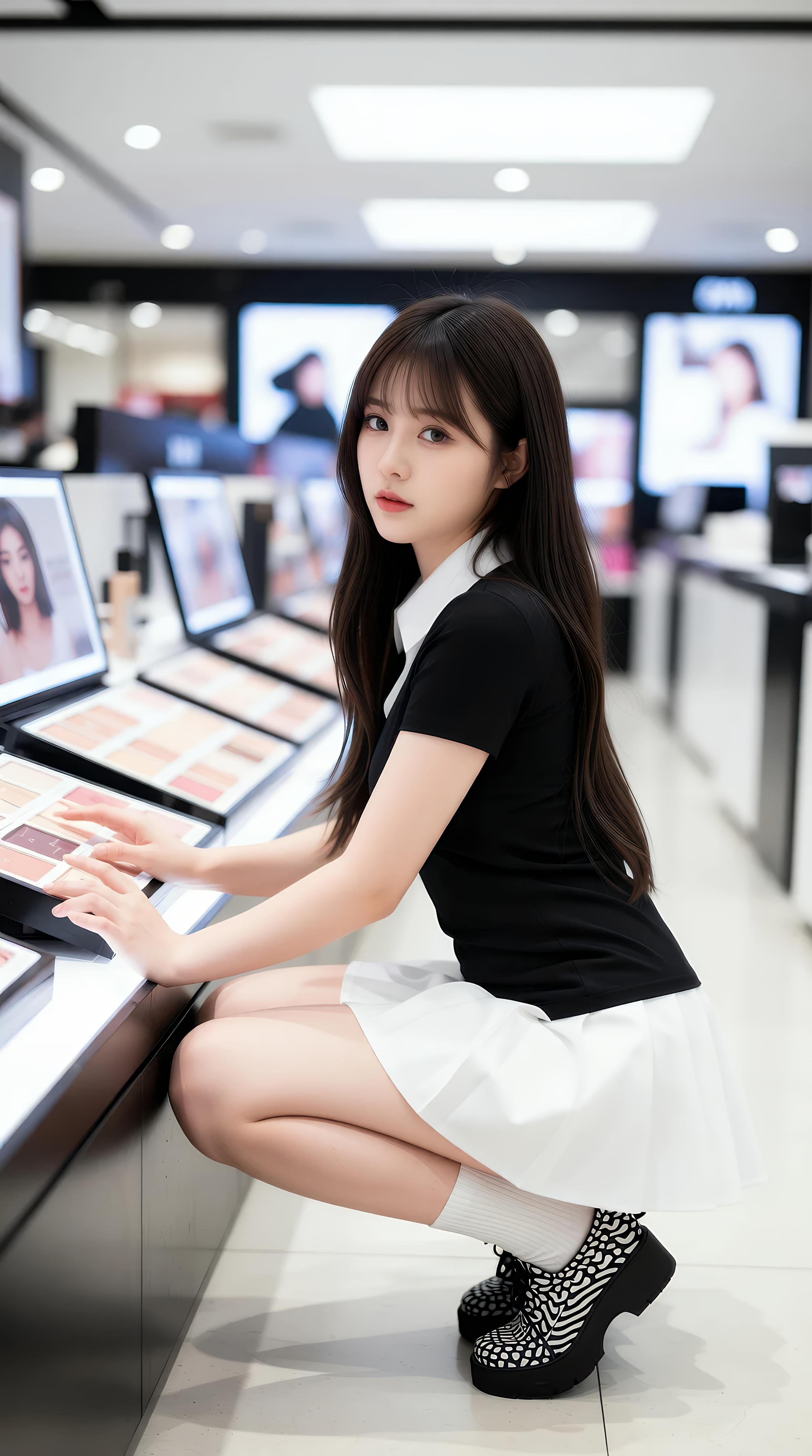 [AI美女] 夏甜ava - 商場短裙少女：黑色上衣白裙清純寫真 68P