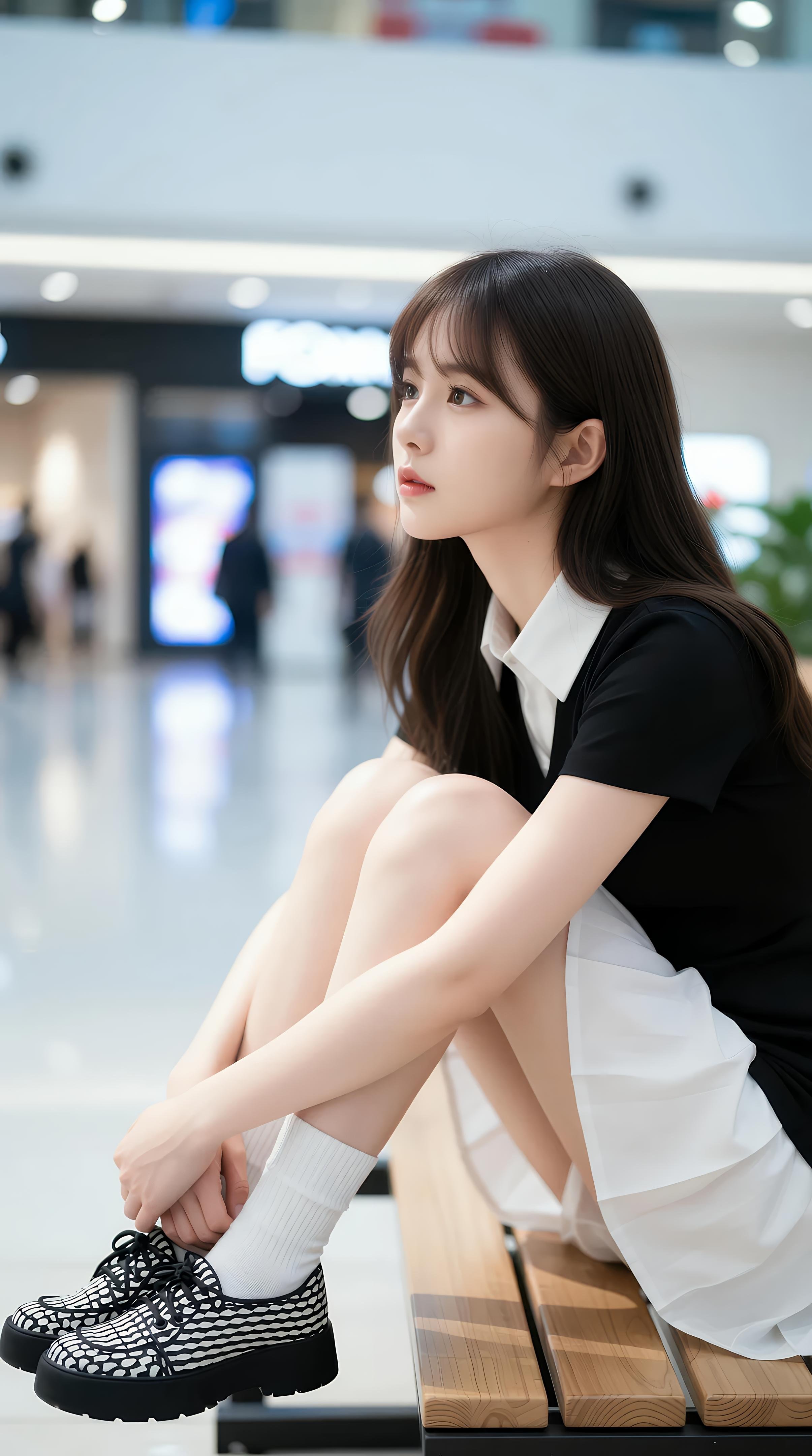 [AI美女] 夏甜ava - 商场短裙少女：黑色上衣白裙清纯写真 68P