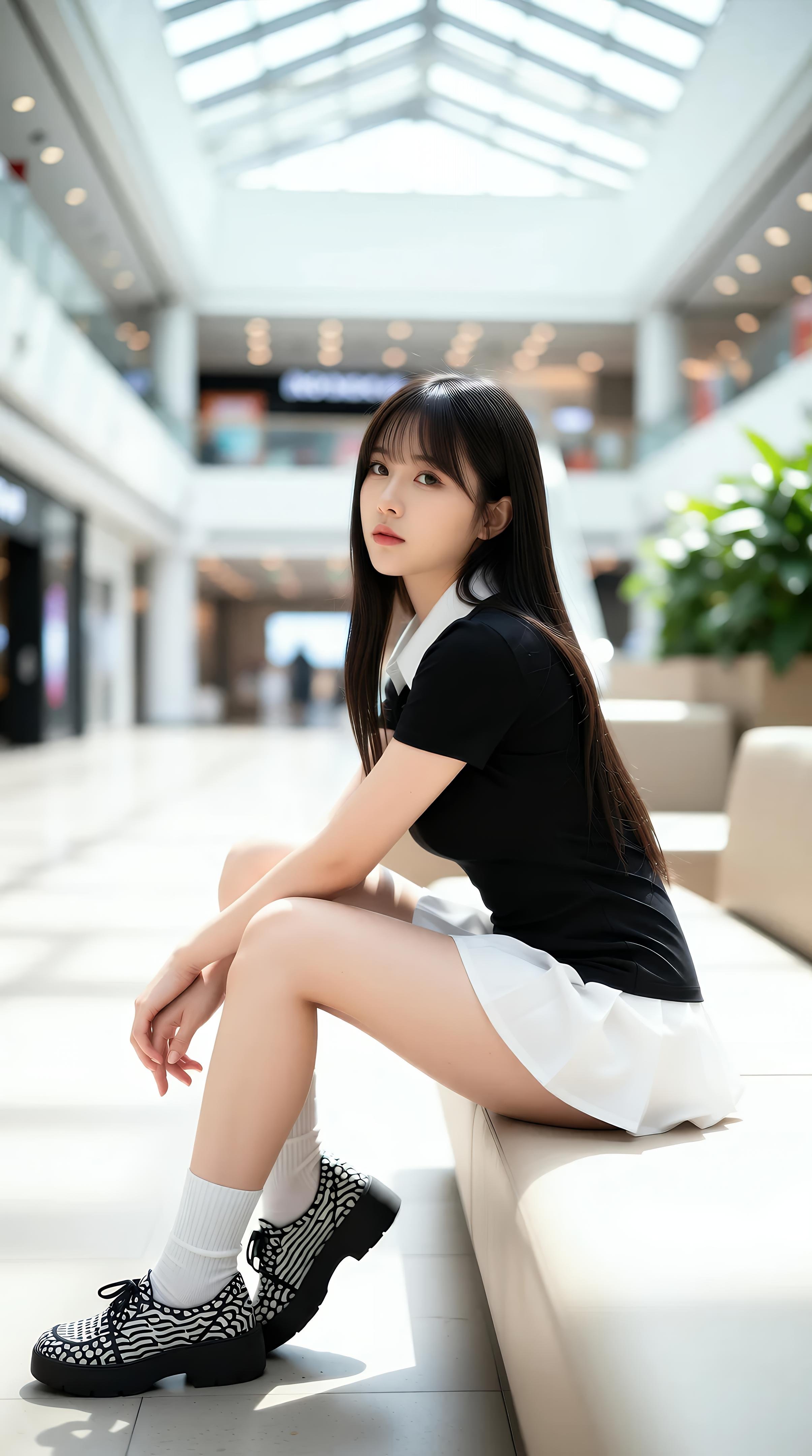 [AI美女] 夏甜ava - 商场短裙少女：黑色上衣白裙清纯写真 68P