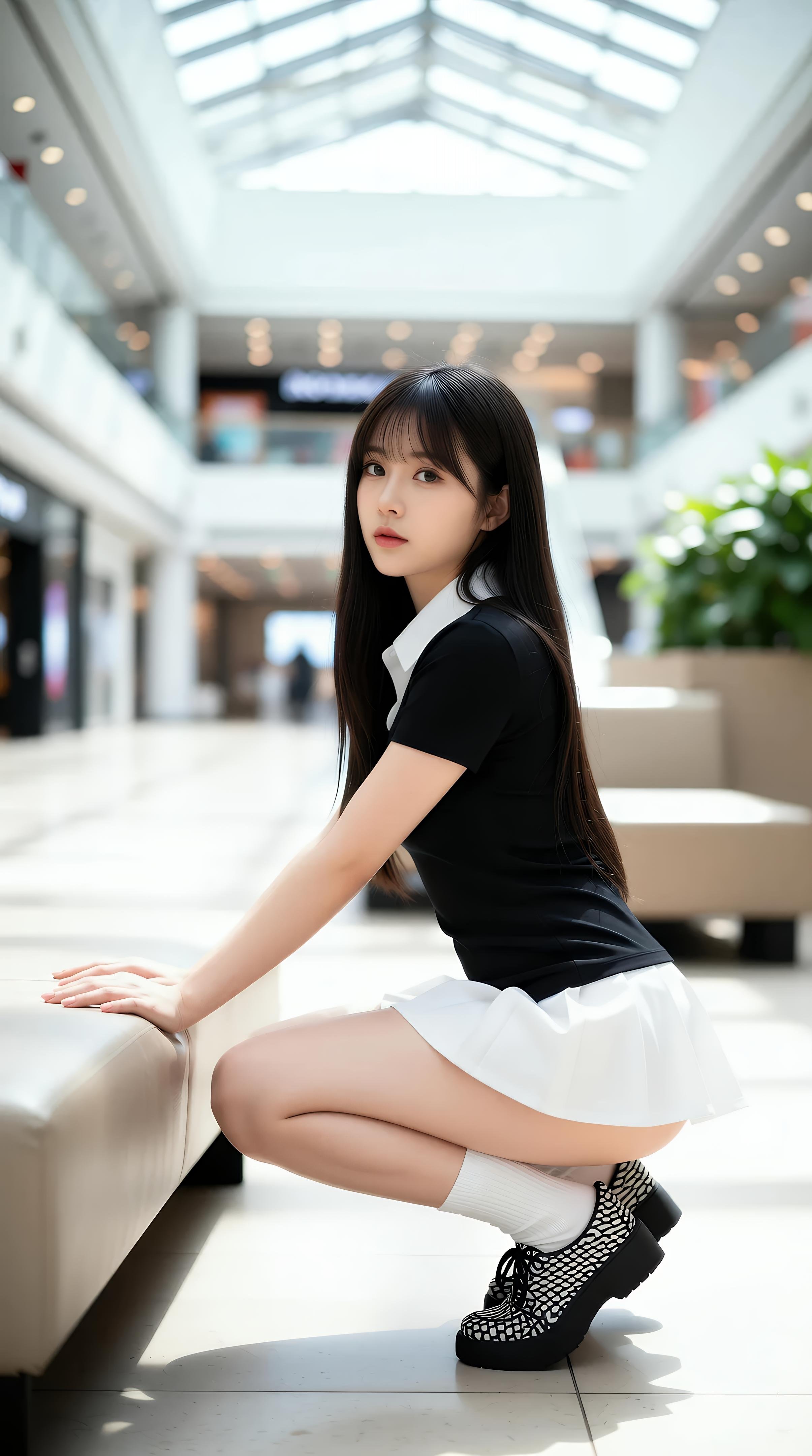 [AI美女] 夏甜ava - 商场短裙少女：黑色上衣白裙清纯写真 68P