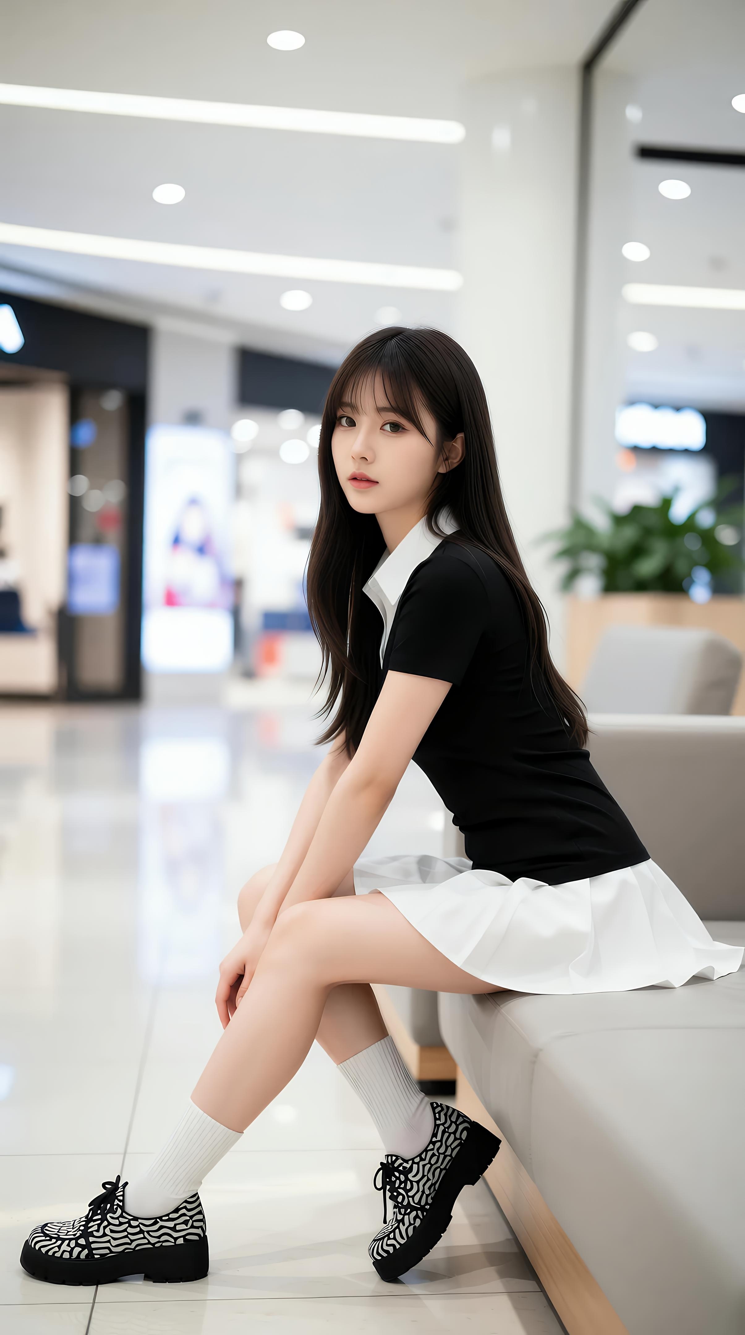 [AI美女] 夏甜ava - 商场短裙少女：黑色上衣白裙清纯写真 68P