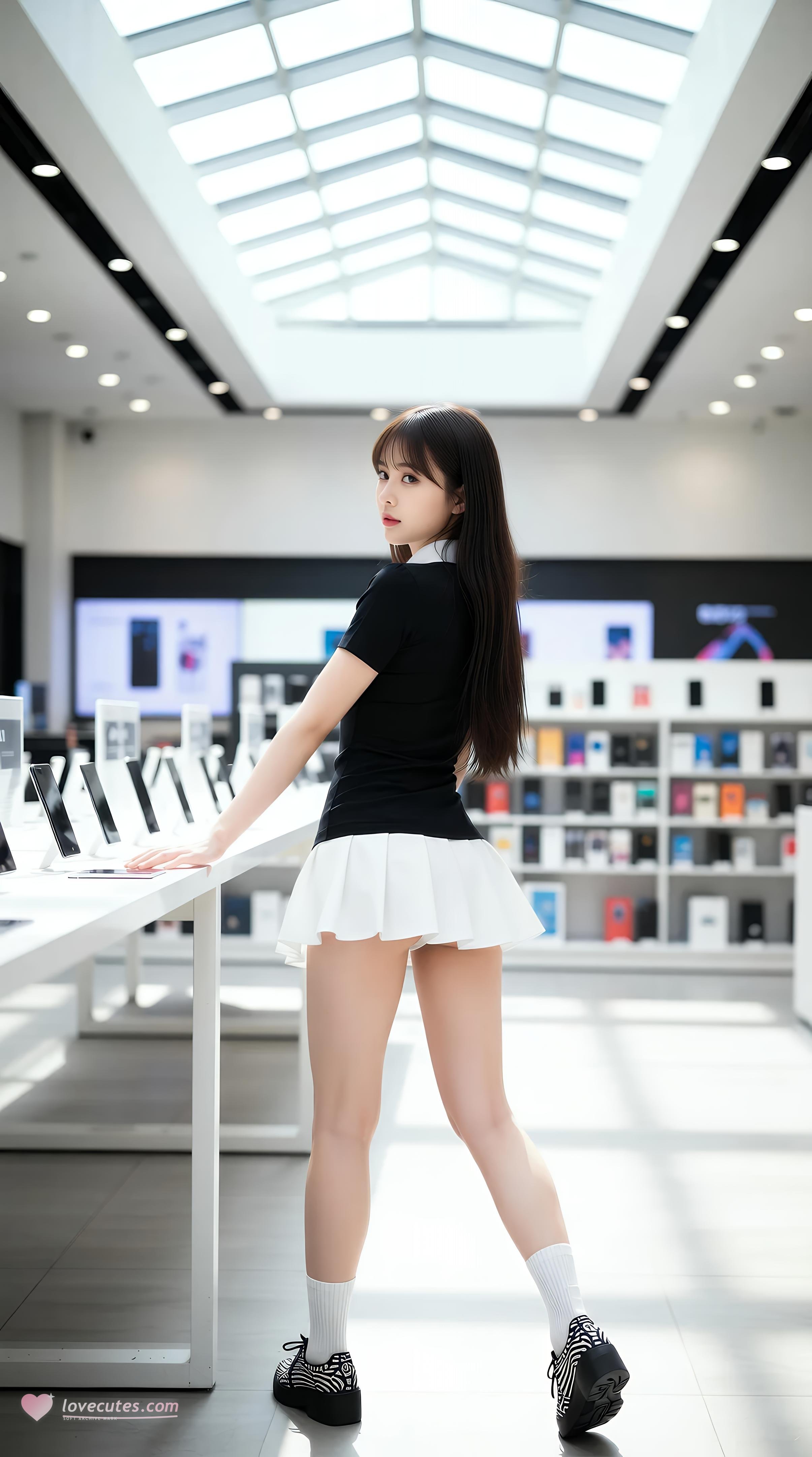 [AI美女] 夏甜ava - 商場短裙少女：黑色上衣白裙清純寫真 68P