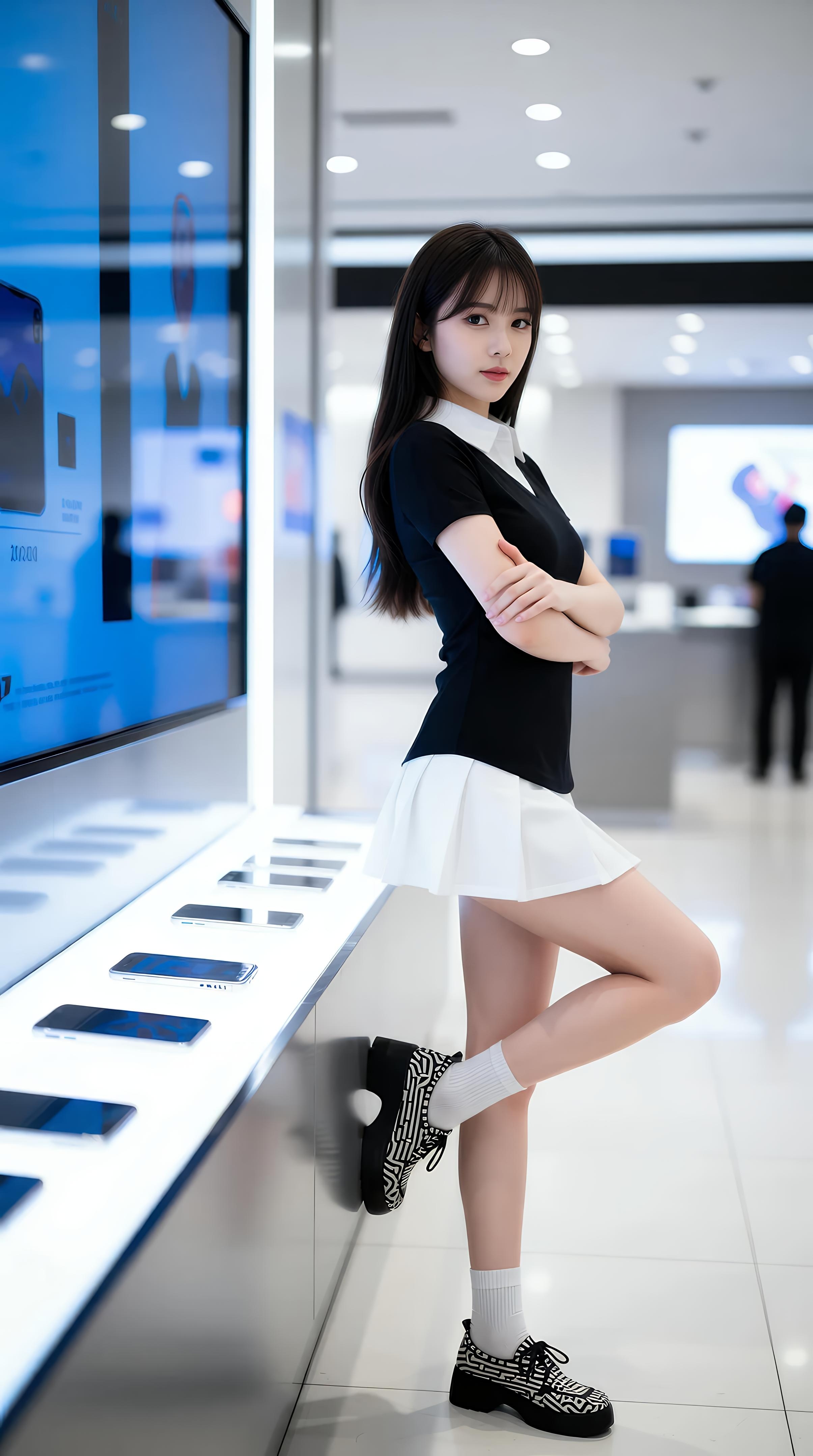 [AI美女] 夏甜ava - 商場短裙少女：黑色上衣白裙清純寫真 68P