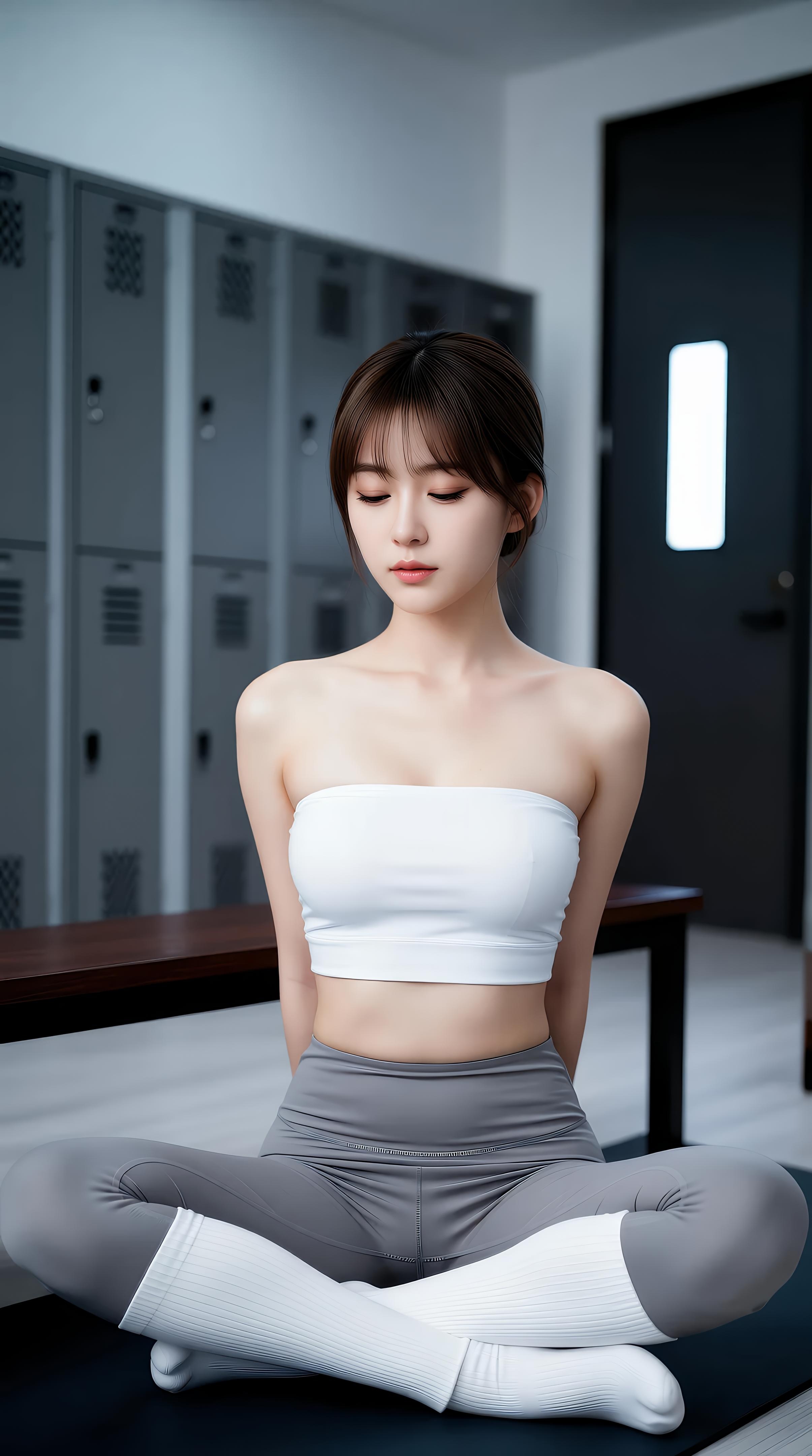 [AI美女] 媛媛lily - Phòng tập yoga: áo quây trắng, quần yoga xám, đôi chân thon dẻo dai 70P