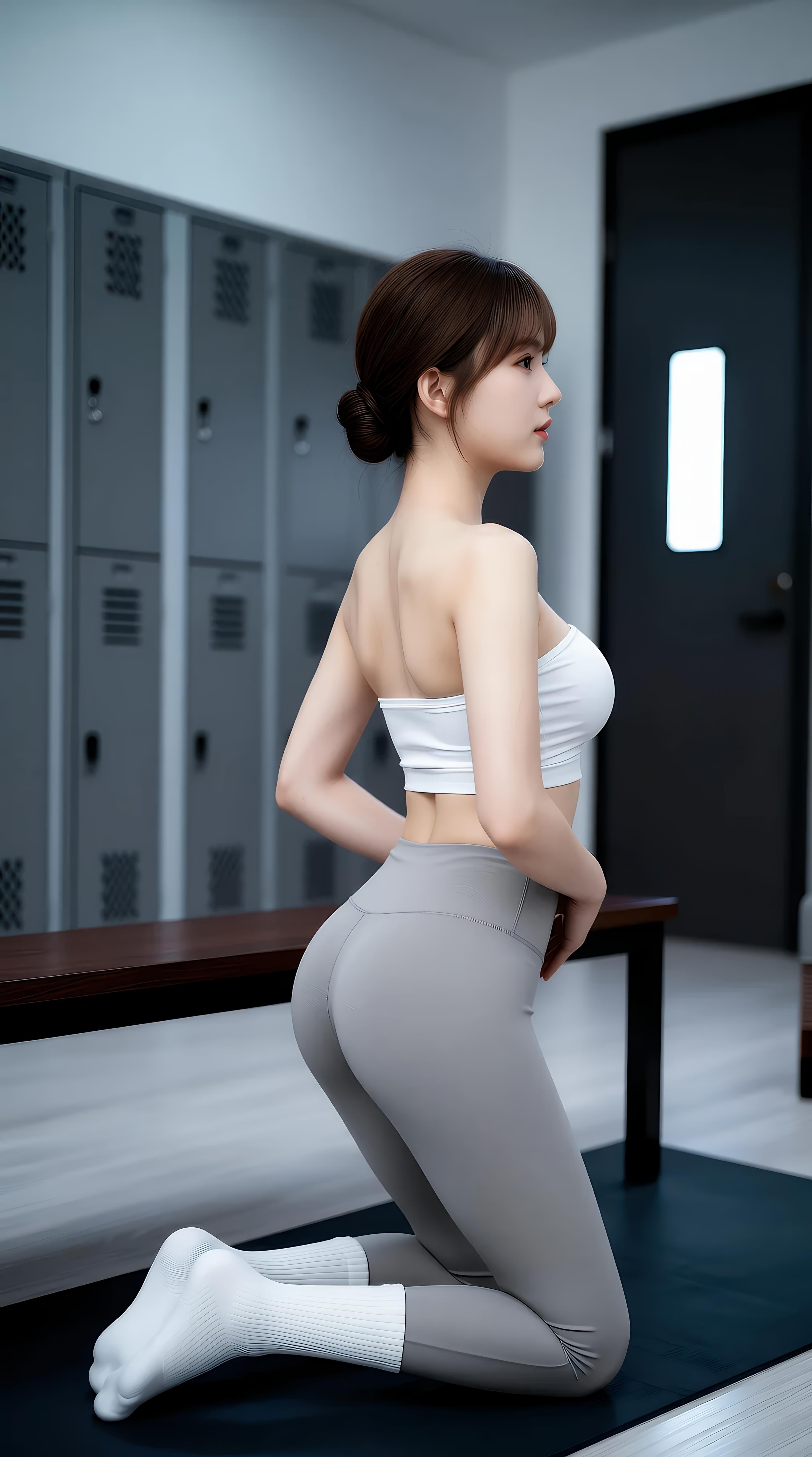 [AI美女] 媛媛lily - Phòng tập yoga: áo quây trắng, quần yoga xám, đôi chân thon dẻo dai 70P