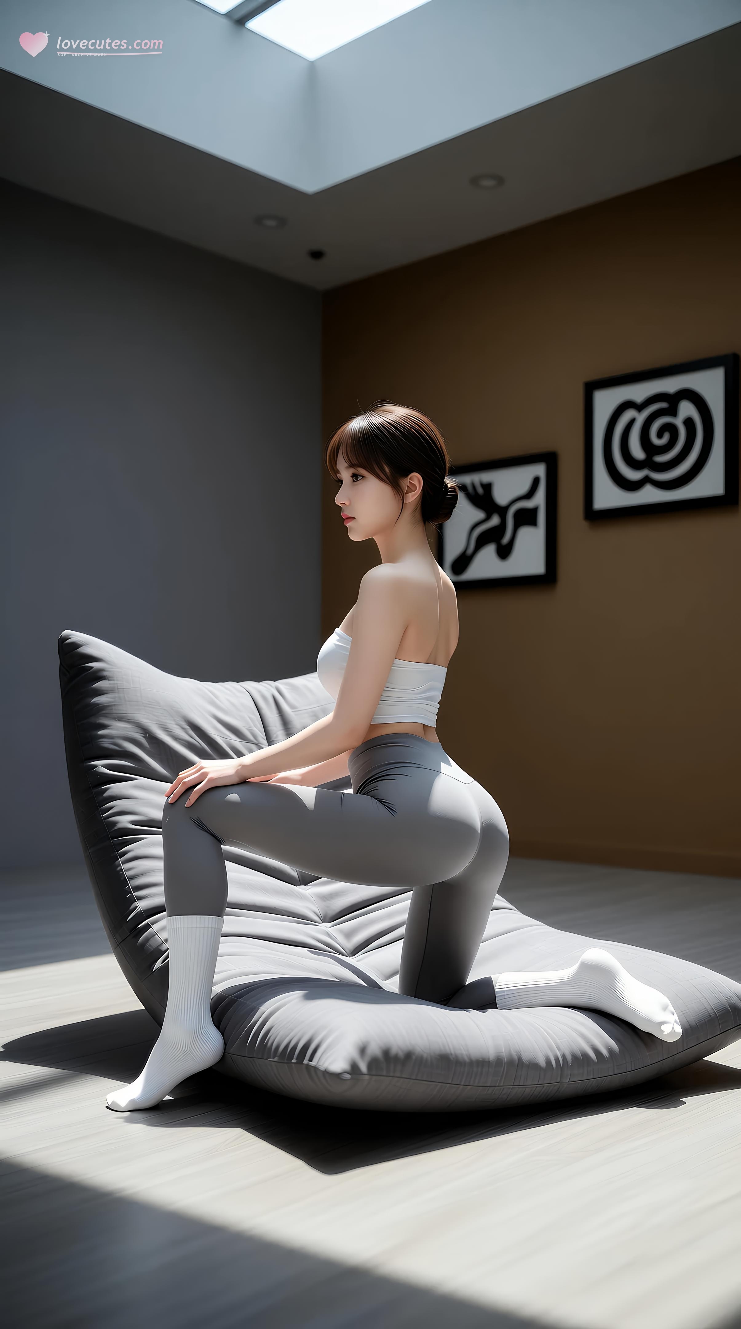 [AI美女] 媛媛lily - Phòng tập yoga: áo quây trắng, quần yoga xám, đôi chân thon dẻo dai 70P