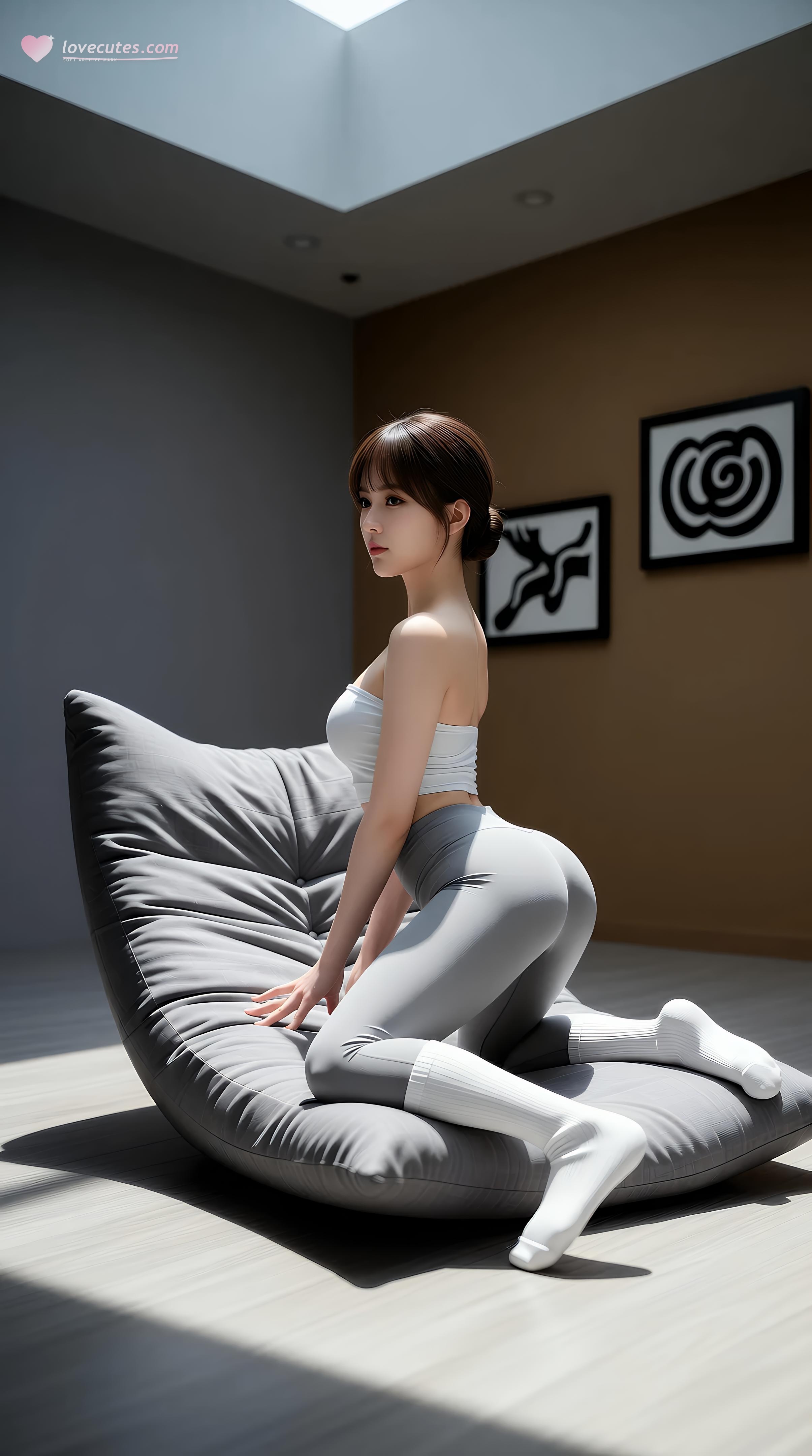 [AI美女] 媛媛lily - Phòng tập yoga: áo quây trắng, quần yoga xám, đôi chân thon dẻo dai 70P