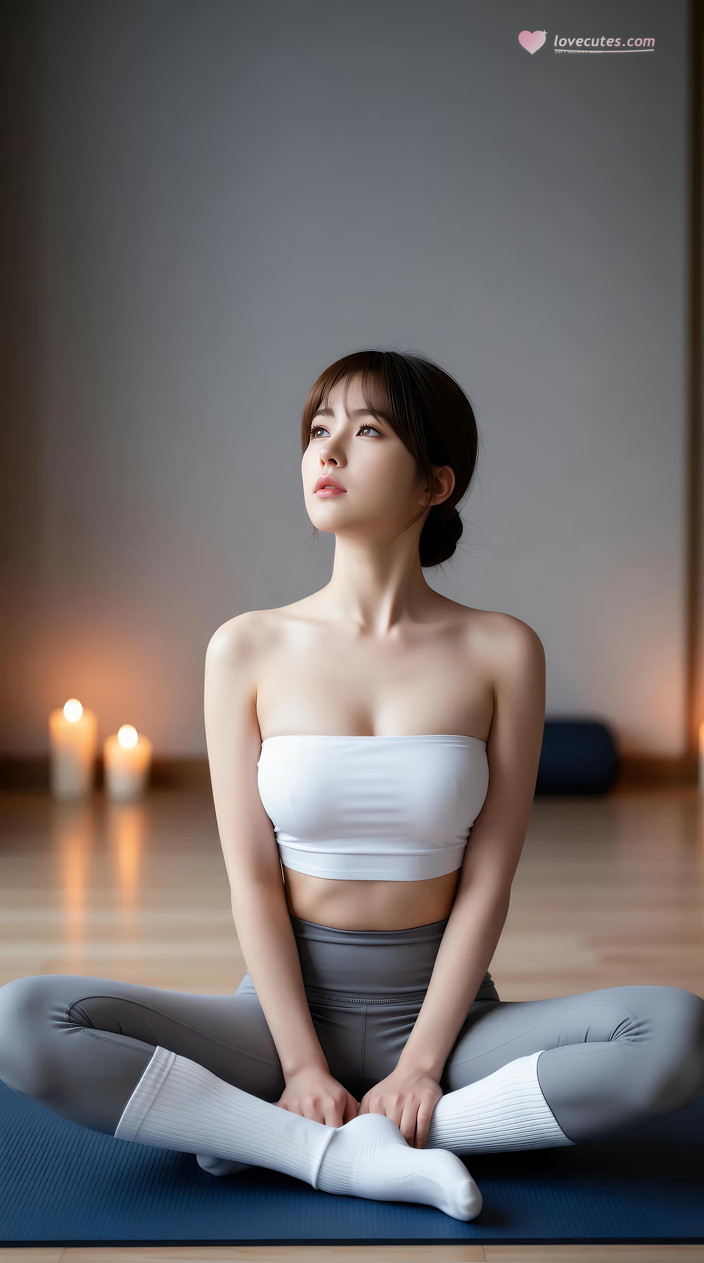 [AI美女] 媛媛lily - 瑜伽教室：白色抹胸灰色瑜伽裤柔韧美腿 70P