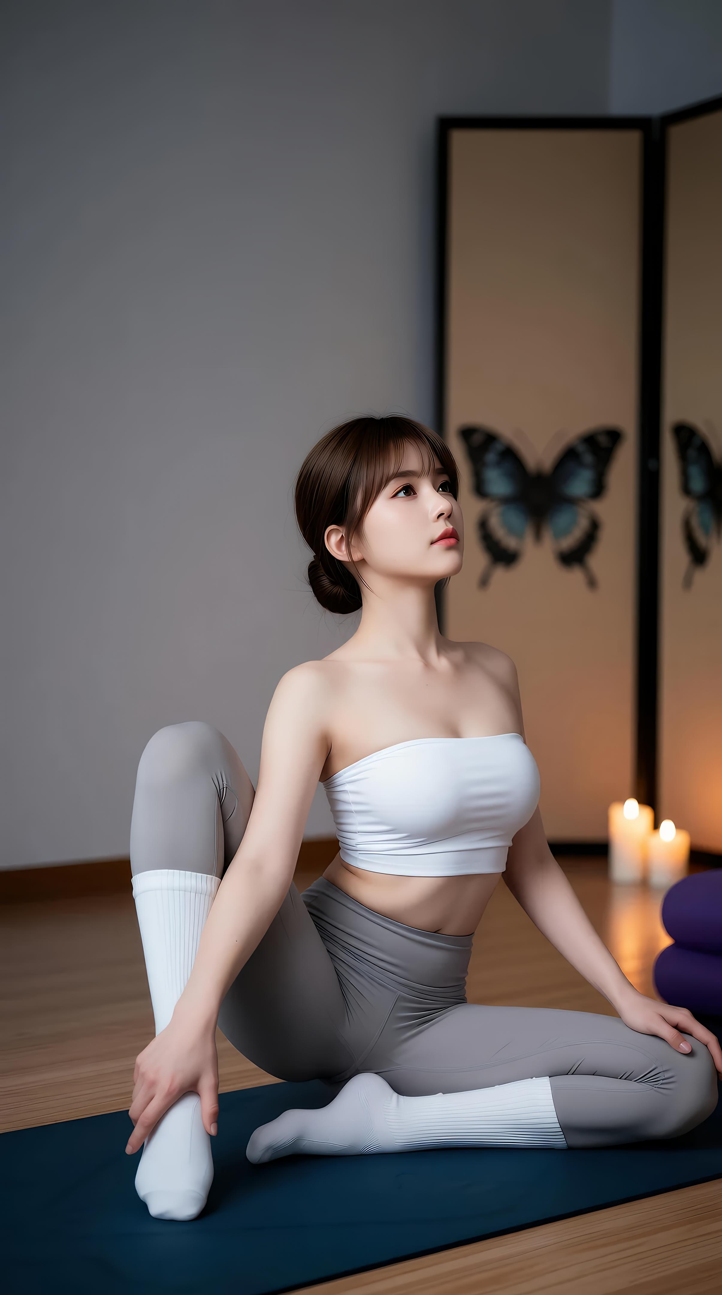 [AI美女] 媛媛lily - 瑜伽教室：白色抹胸灰色瑜伽裤柔韧美腿 70P