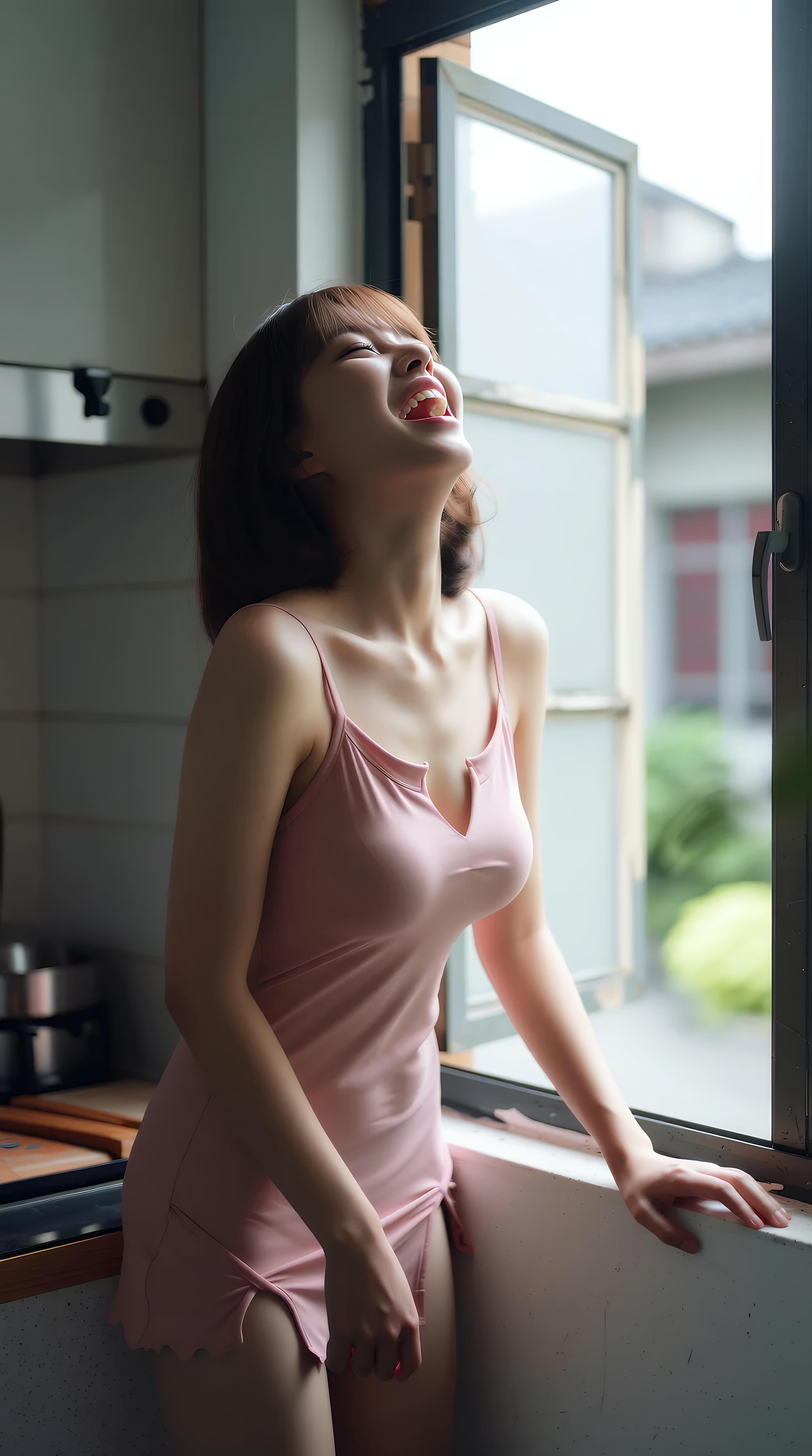 [AI美女] 小喬不喬 - 粉色短裙街巷：戶外陽光清純美腿 97P