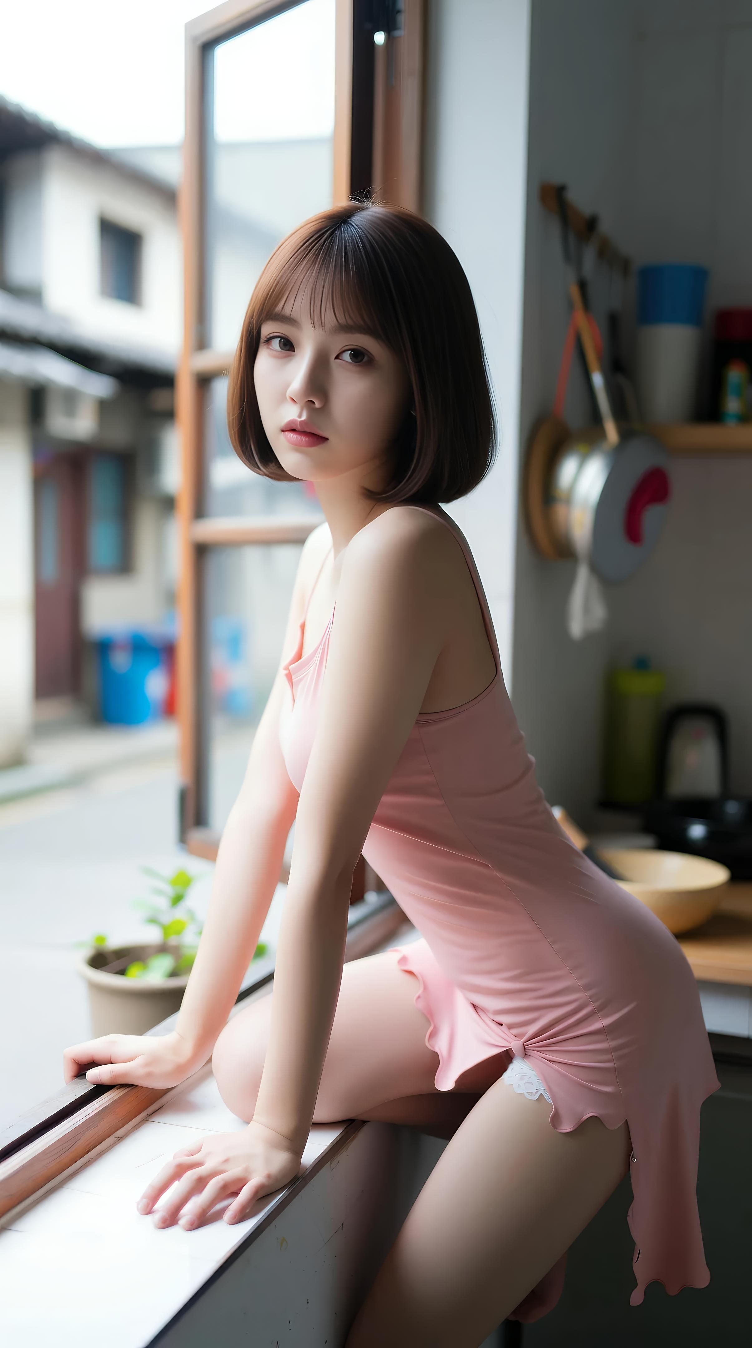 [AI美女] 小喬不喬 - 粉色短裙街巷：戶外陽光清純美腿 97P