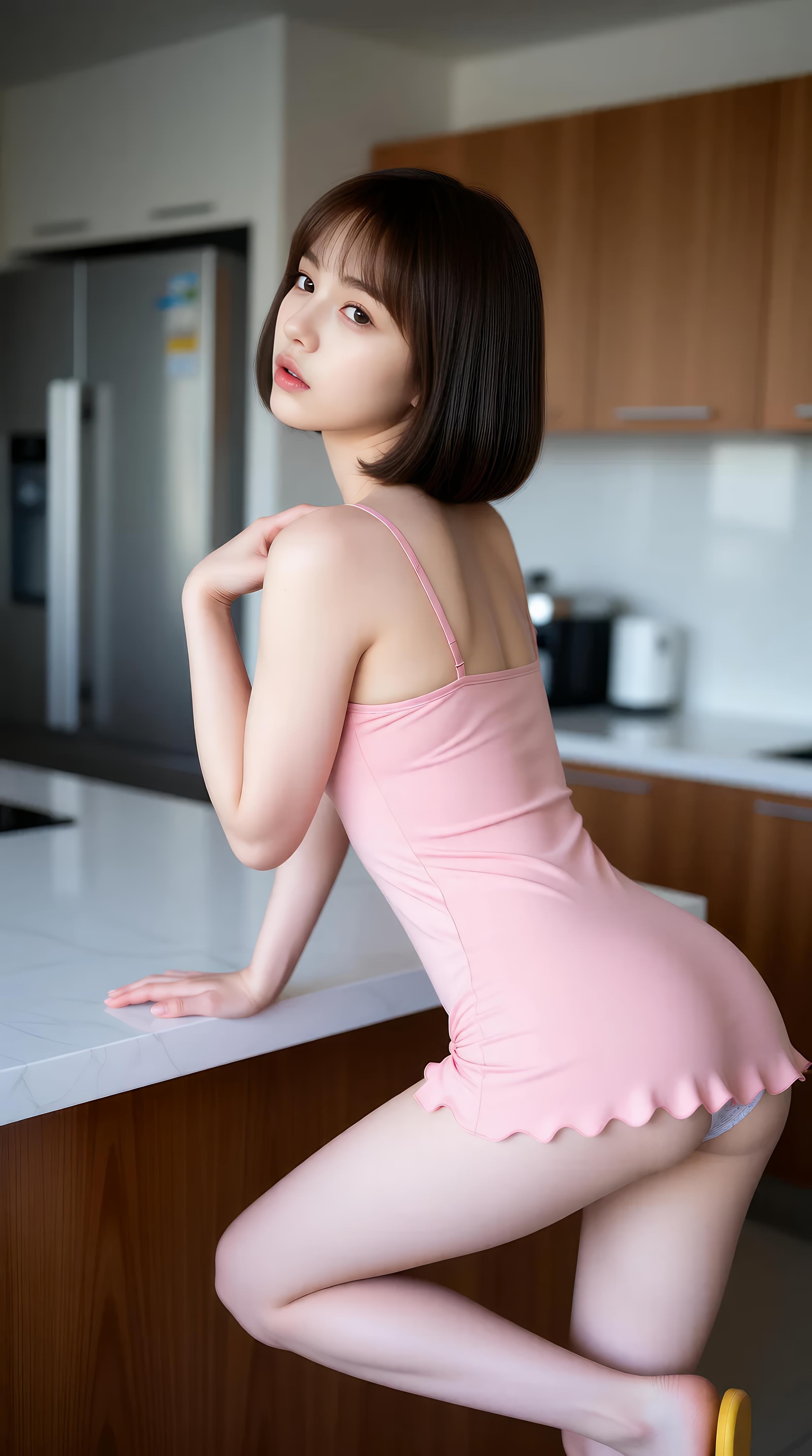 [AI美女] 小喬不喬 - 粉色短裙街巷：戶外陽光清純美腿 97P