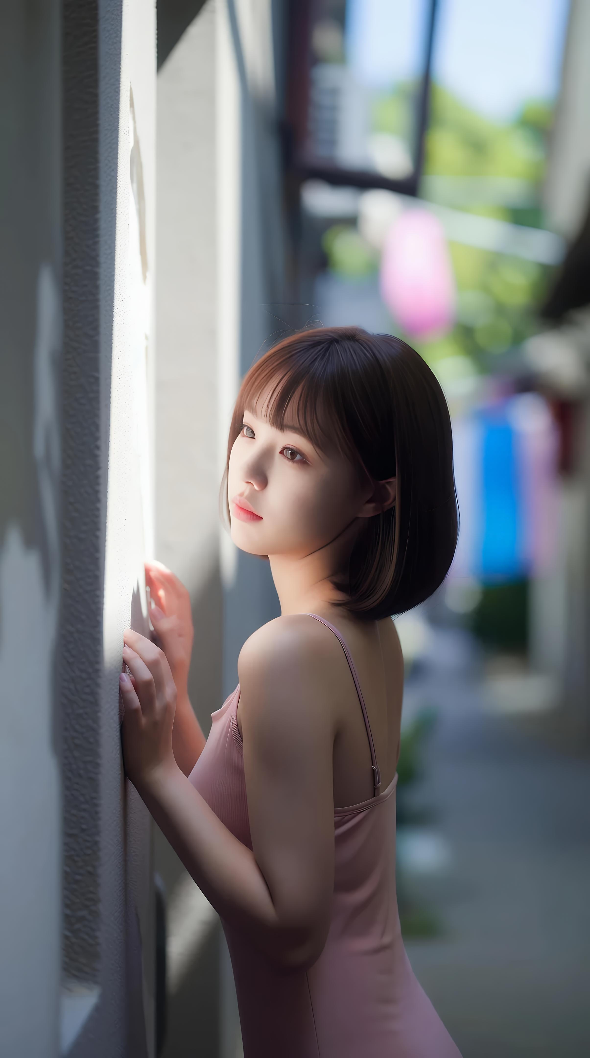 [AI美女] 小喬不喬 - 粉色短裙街巷：戶外陽光清純美腿 97P