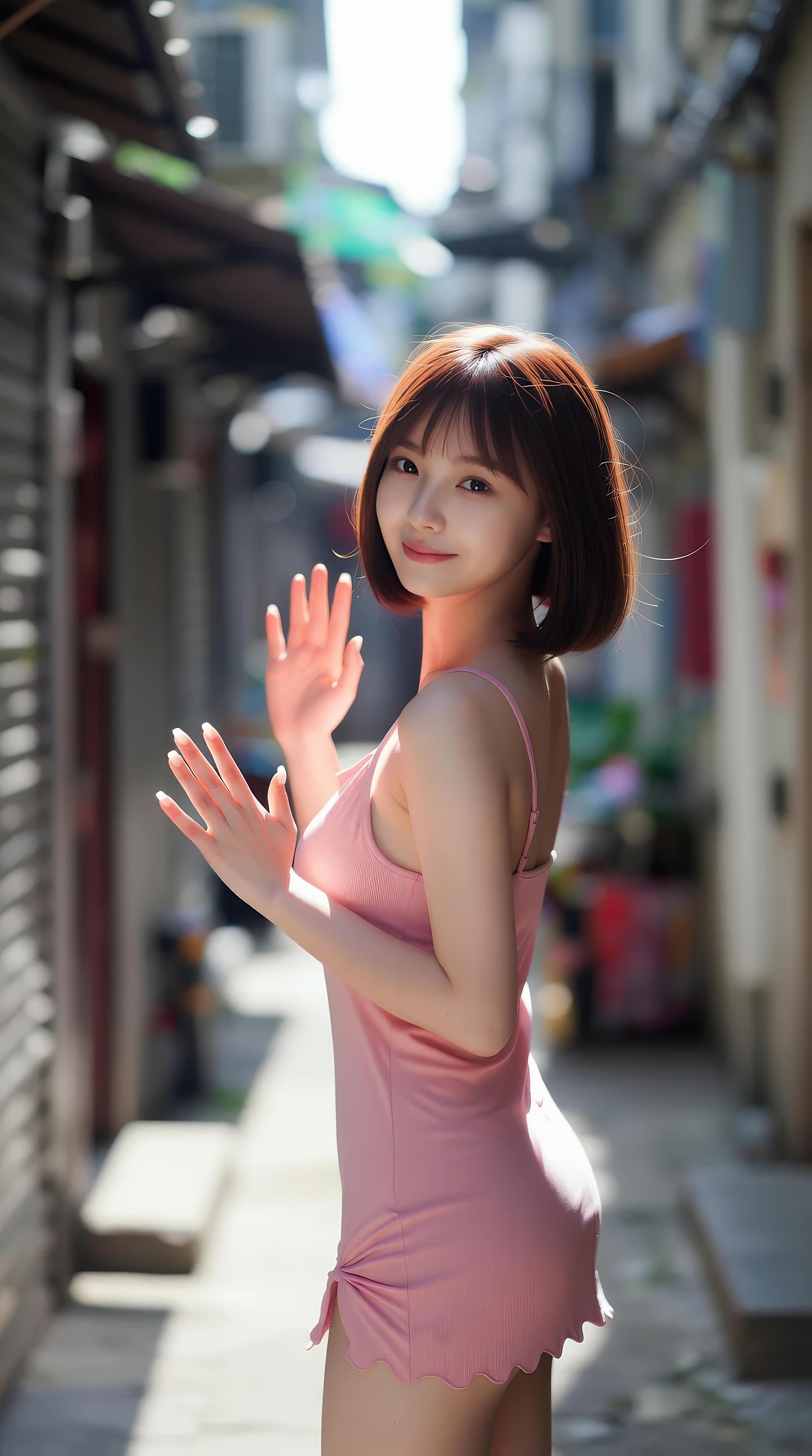 [AI美女] 小乔不乔 - ピンクの短いスカートの路地：屋外の日差し、清楚な美脚 97P