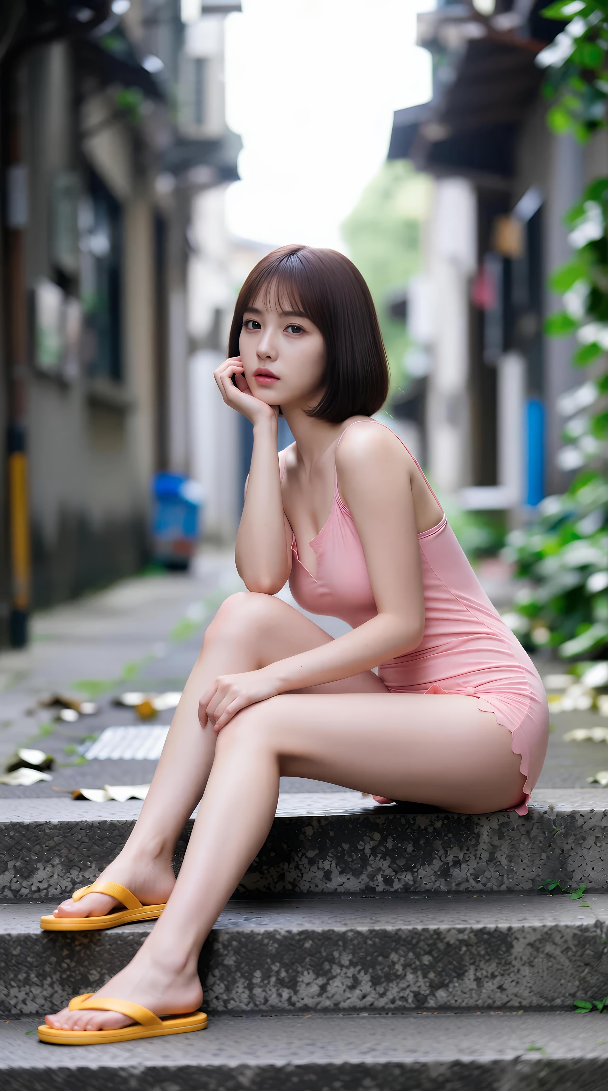 [AI美女] 小乔不乔 - ピンクの短いスカートの路地：屋外の日差し、清楚な美脚 97P