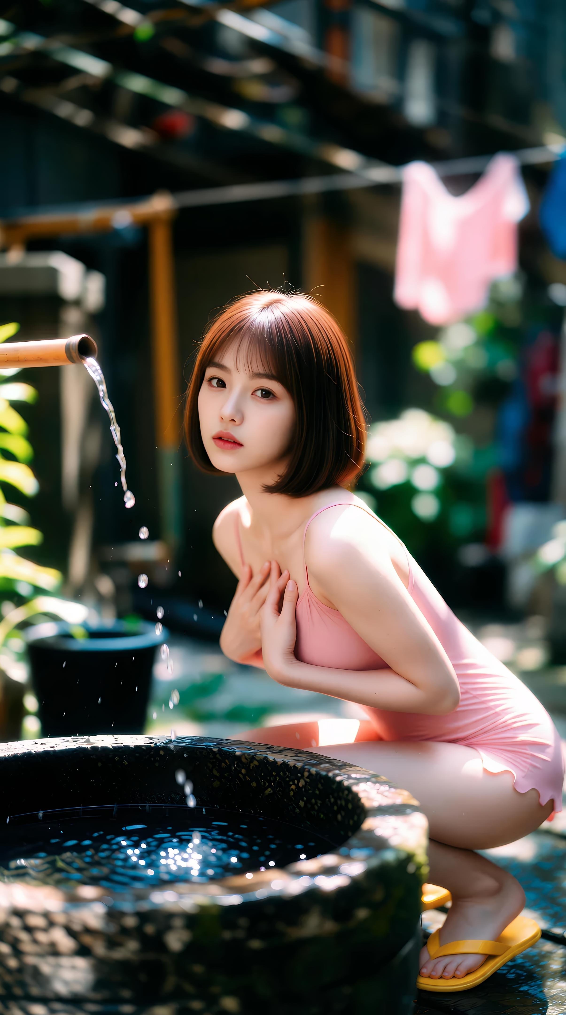 [AI美女] 小乔不乔 - 粉色短裙街巷：户外阳光清纯美腿 97P