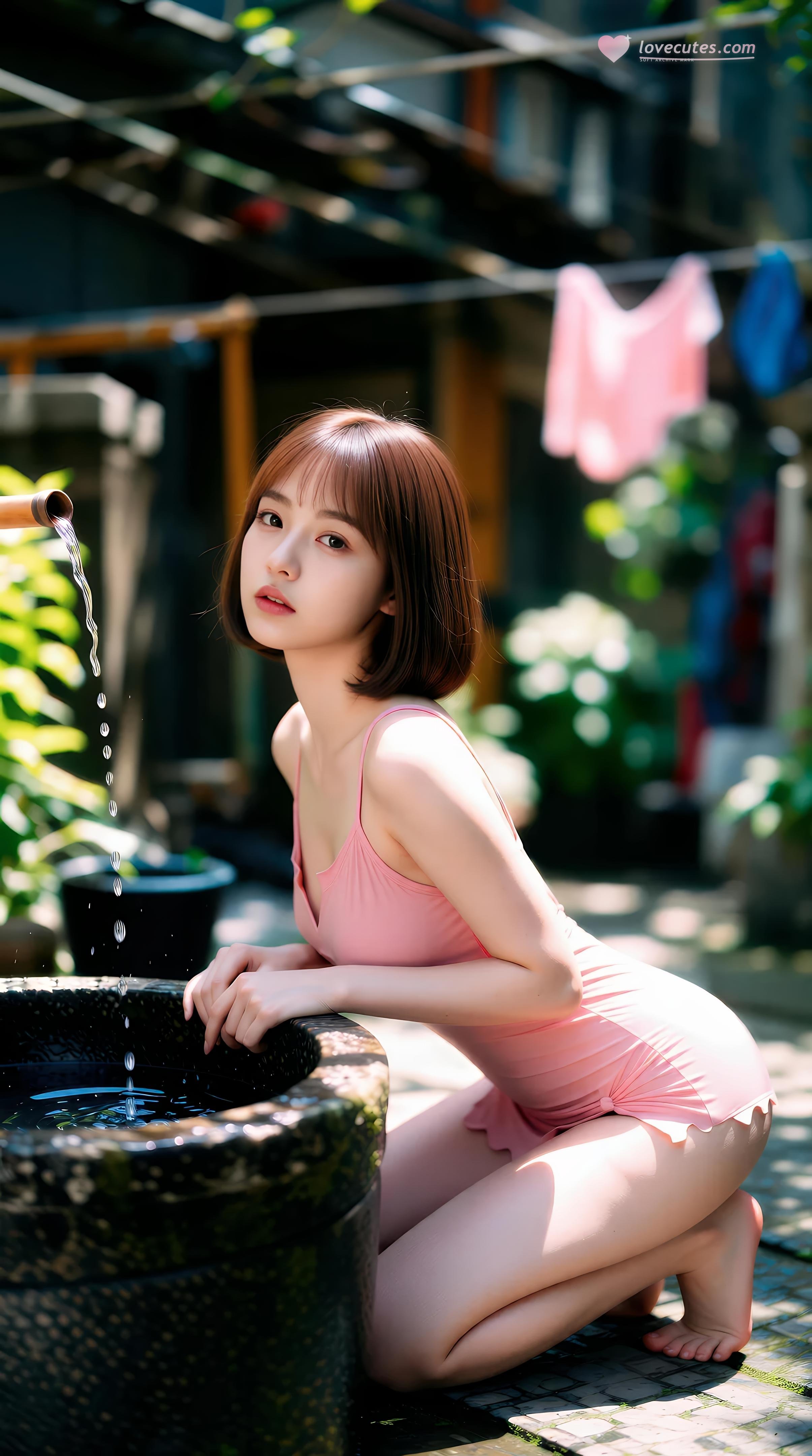 [AI美女] 小乔不乔 - 粉色短裙街巷：户外阳光清纯美腿 97P