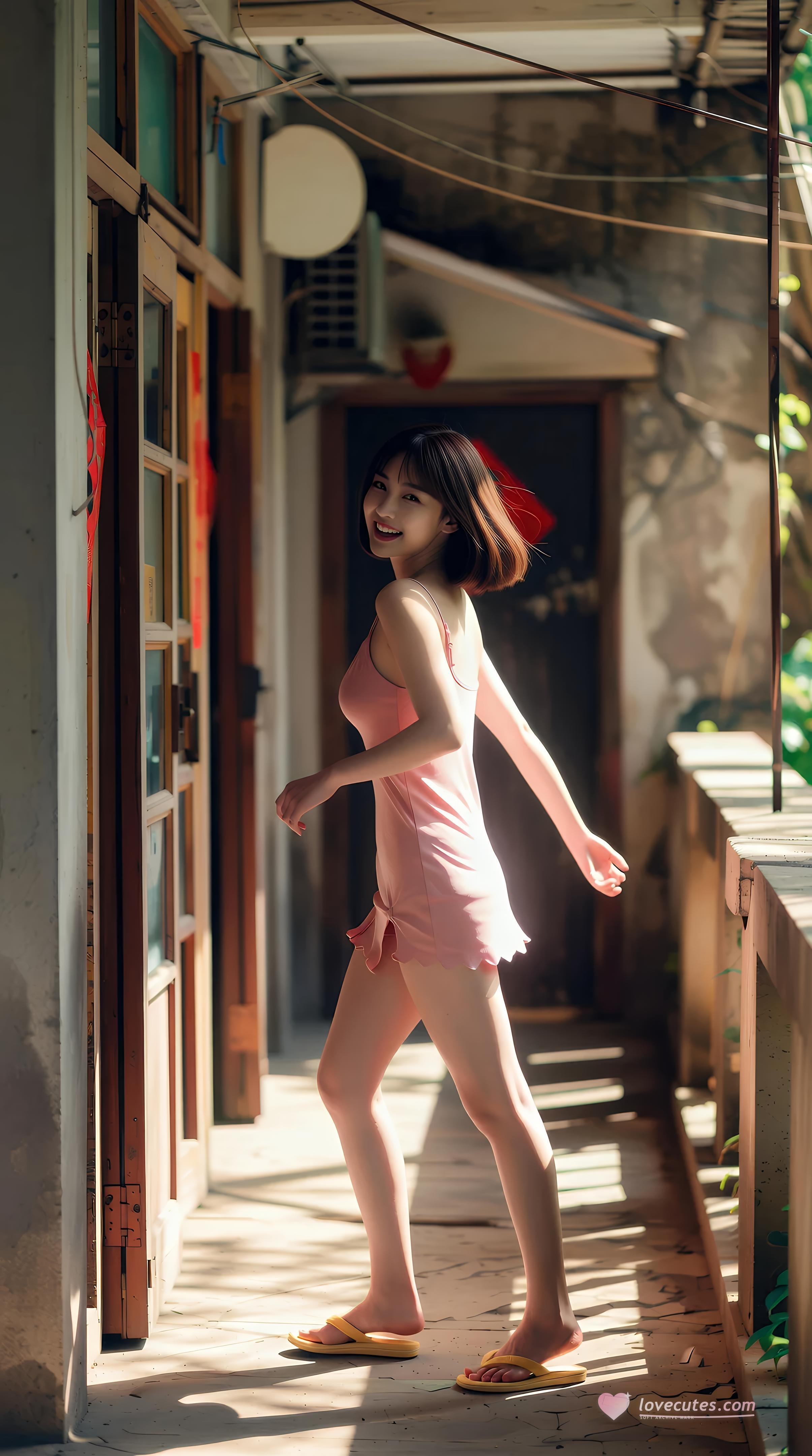 [AI美女] 小乔不乔 - 粉色短裙街巷：户外阳光清纯美腿 97P