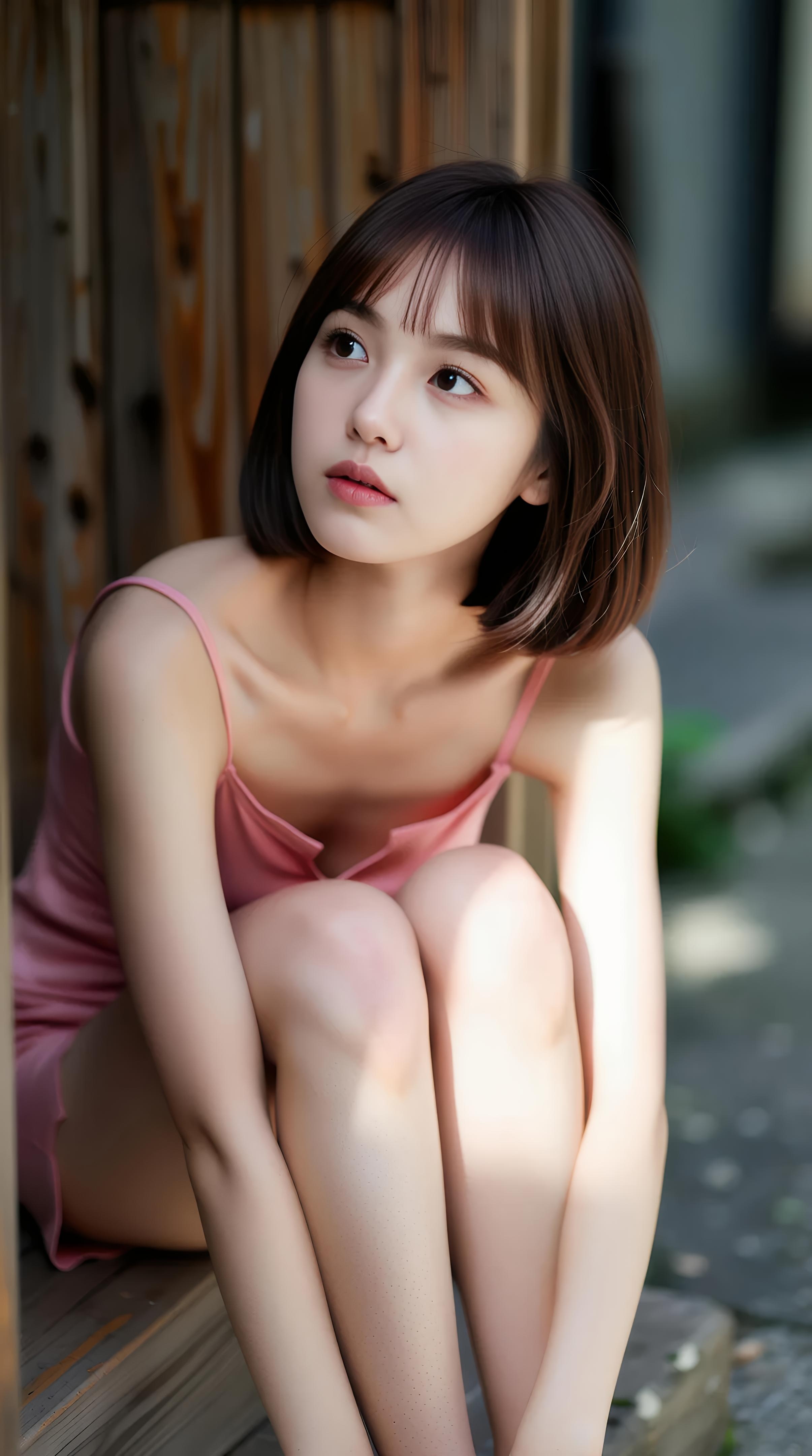 [AI美女] 小乔不乔 - 粉色短裙街巷：户外阳光清纯美腿 97P