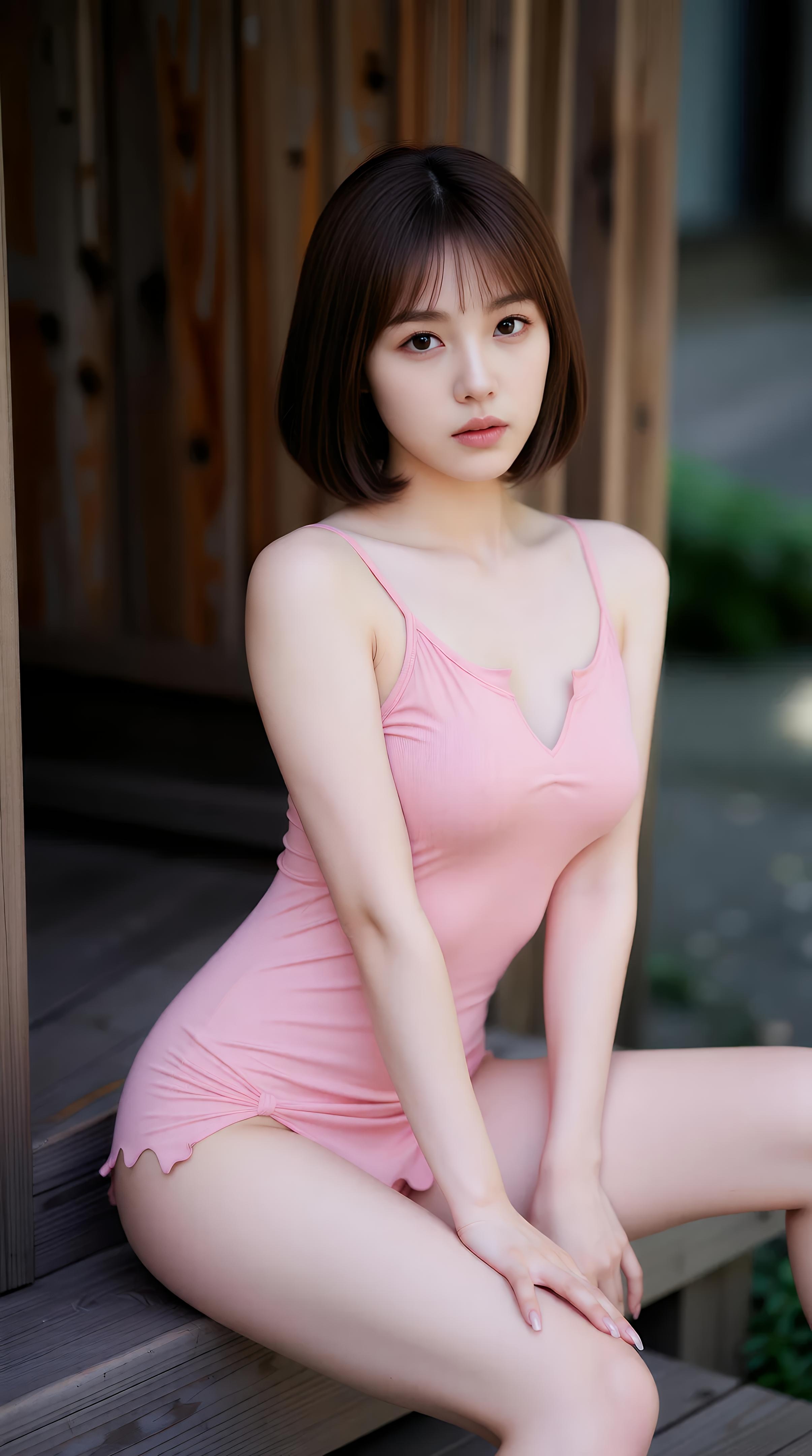 [AI美女] 小乔不乔 - 粉色短裙街巷：户外阳光清纯美腿 97P