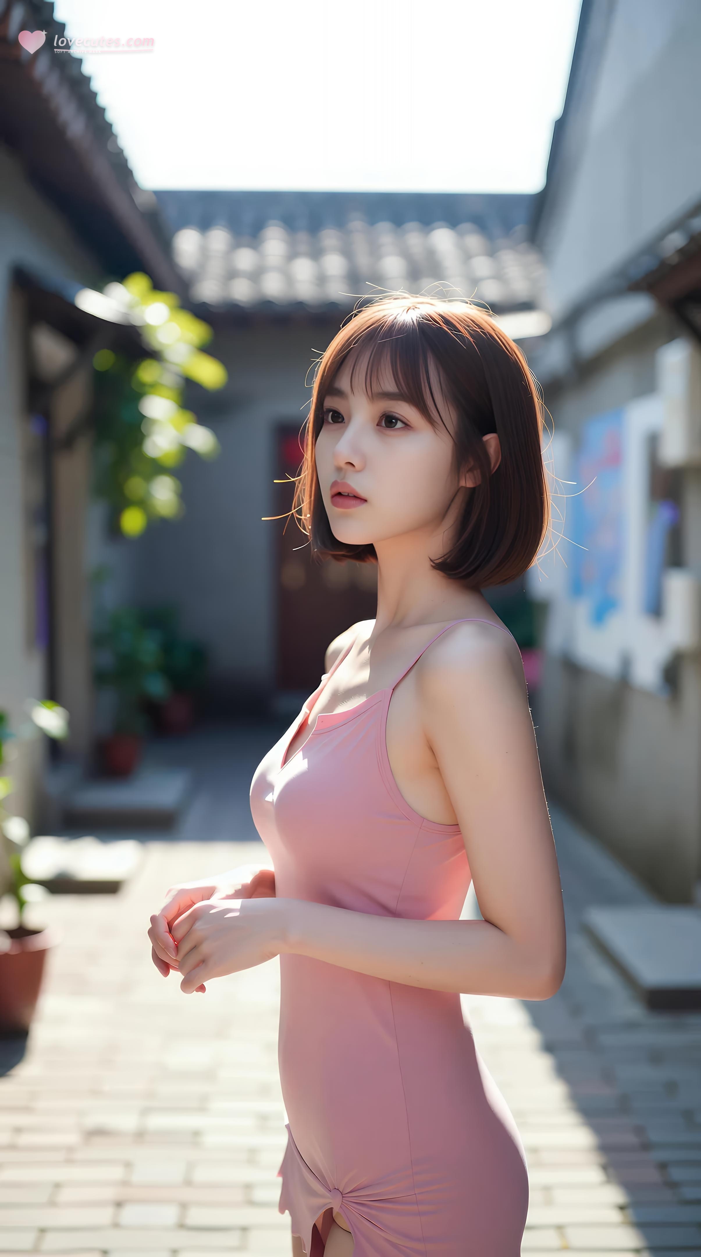[AI美女] 小喬不喬 - 粉色短裙街巷：戶外陽光清純美腿 97P