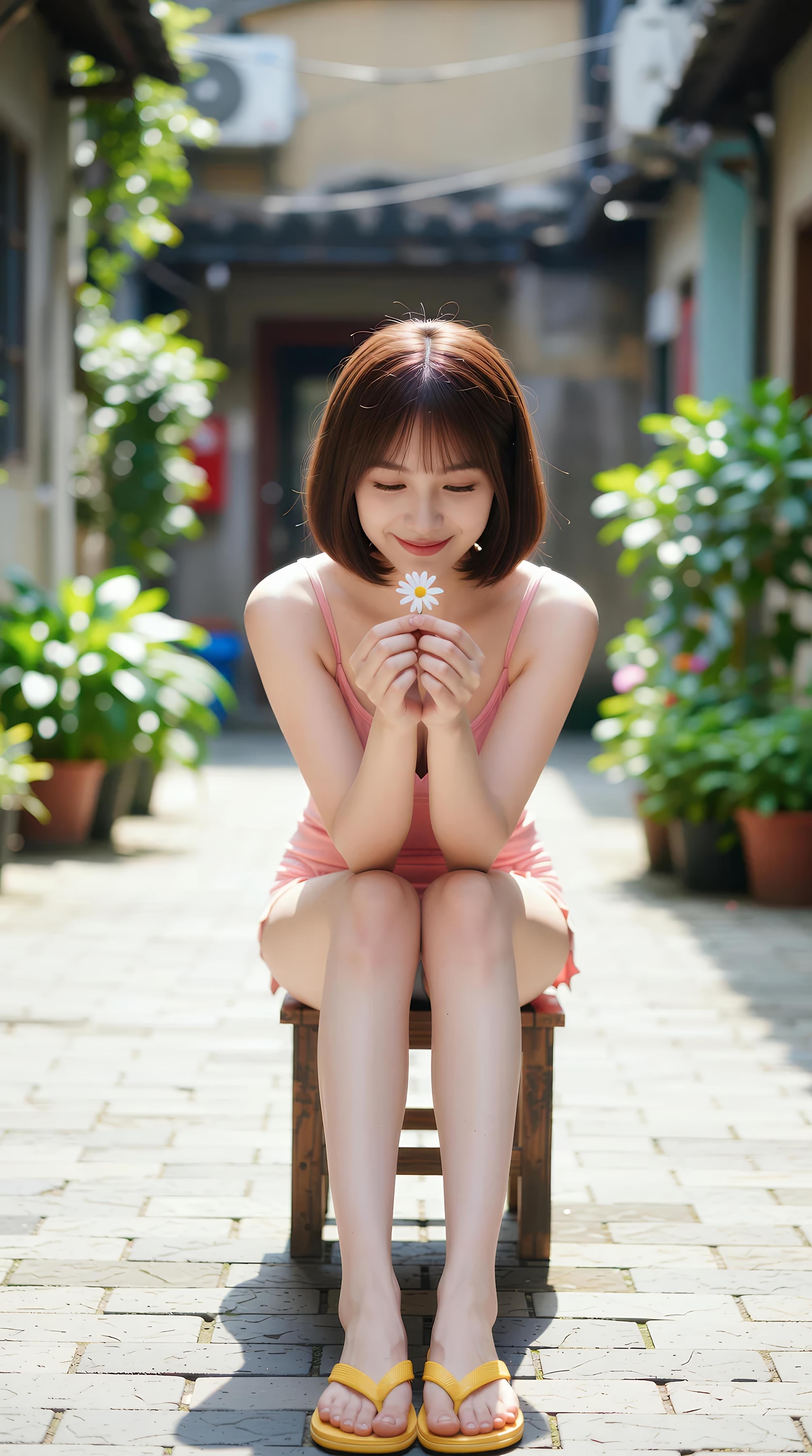 [AI美女] 小喬不喬 - 粉色短裙街巷：戶外陽光清純美腿 97P