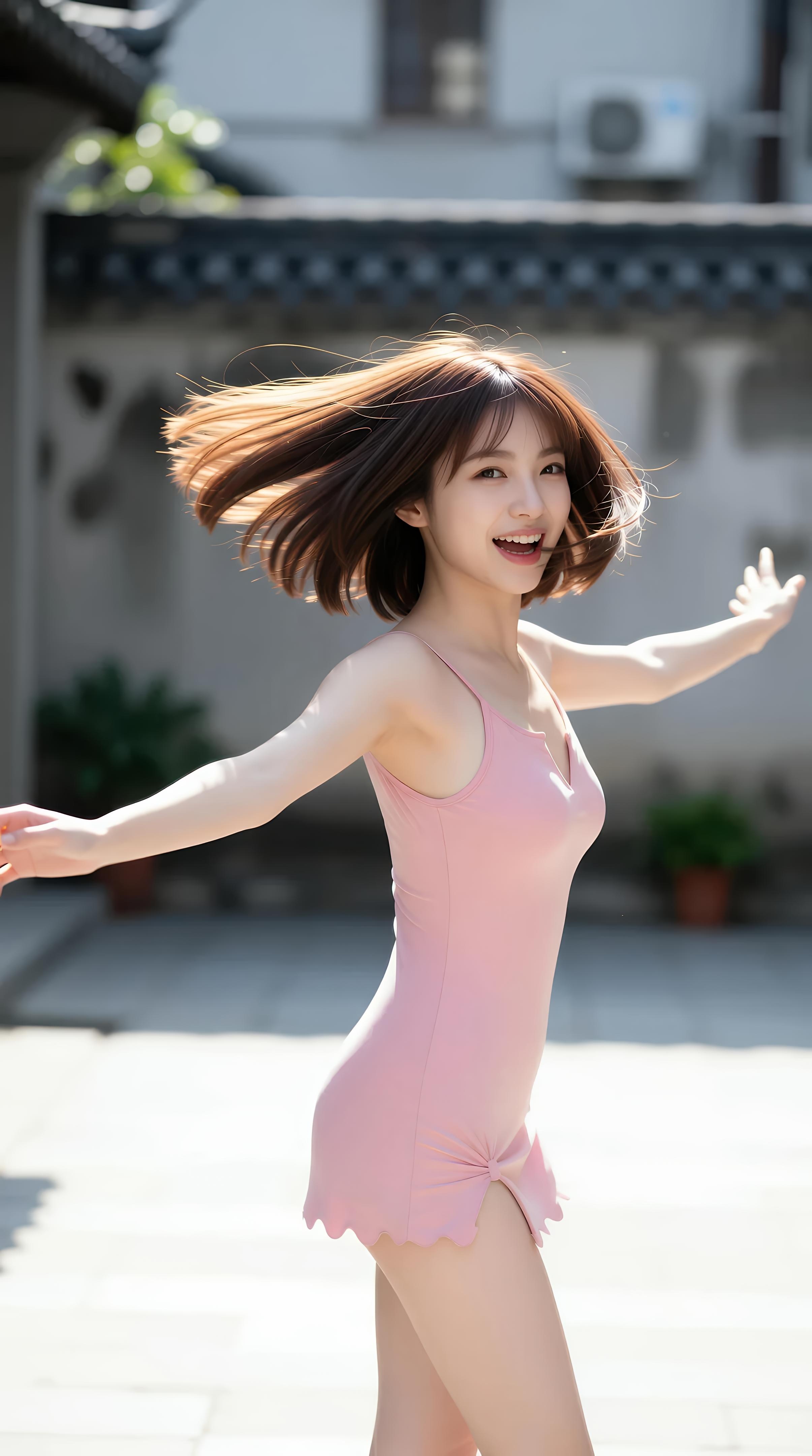 [AI美女] 小喬不喬 - 粉色短裙街巷：戶外陽光清純美腿 97P