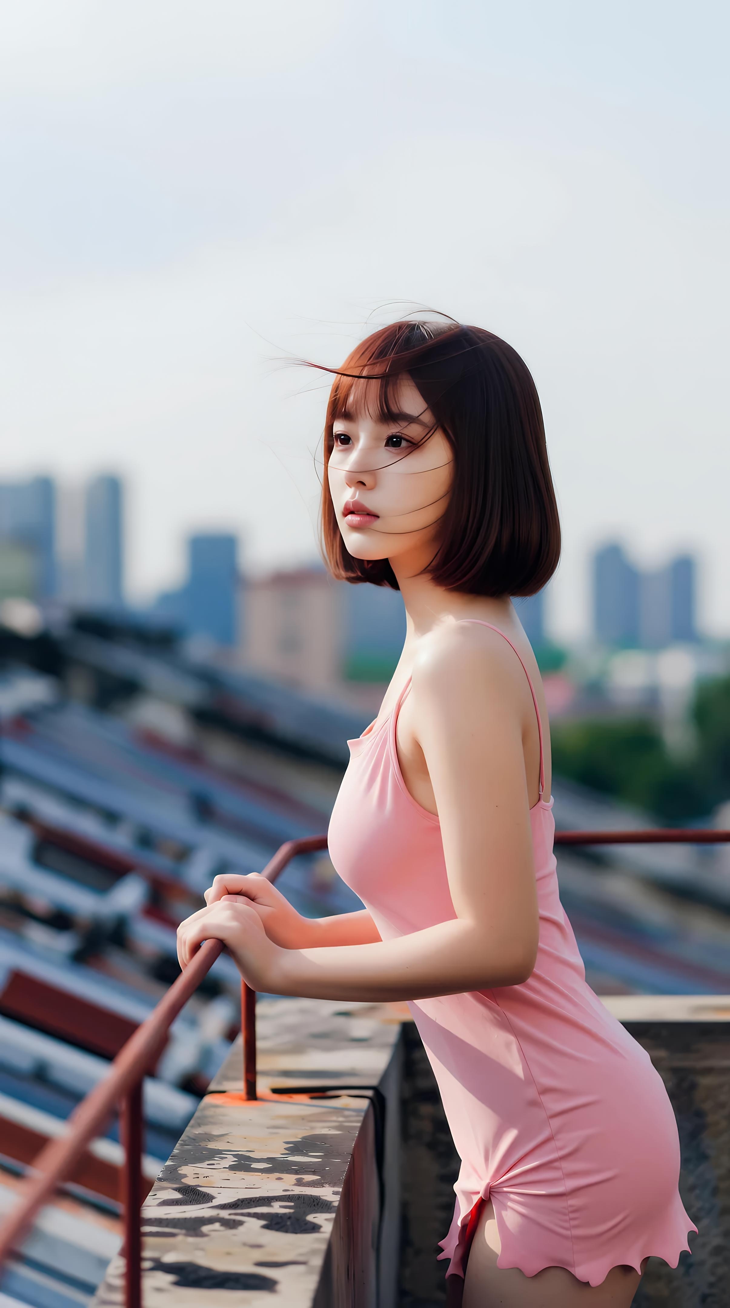 [AI美女] 小喬不喬 - 粉色短裙街巷：戶外陽光清純美腿 97P