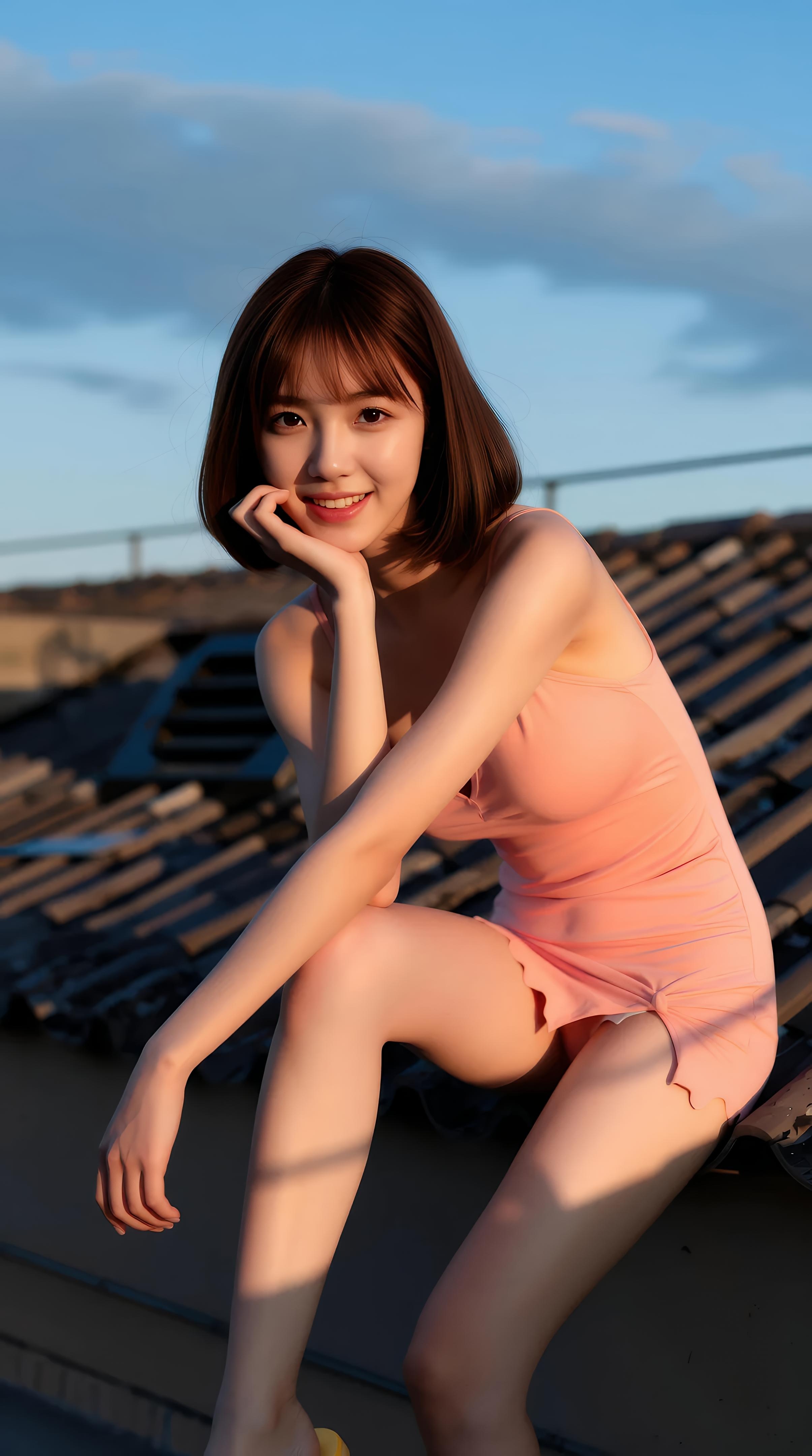 [AI美女] 小喬不喬 - 粉色短裙街巷：戶外陽光清純美腿 97P