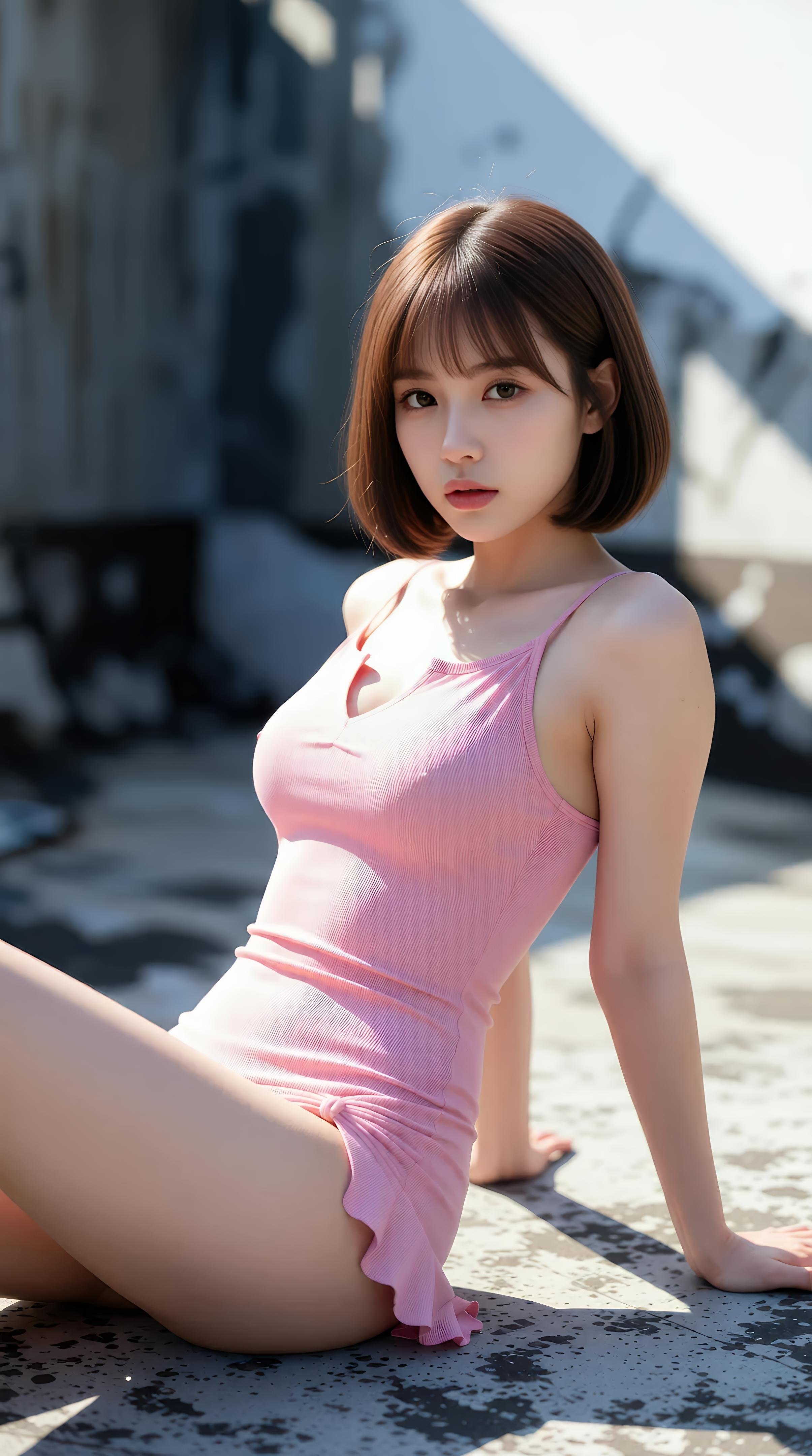 [AI美女] 小喬不喬 - 粉色短裙街巷：戶外陽光清純美腿 97P