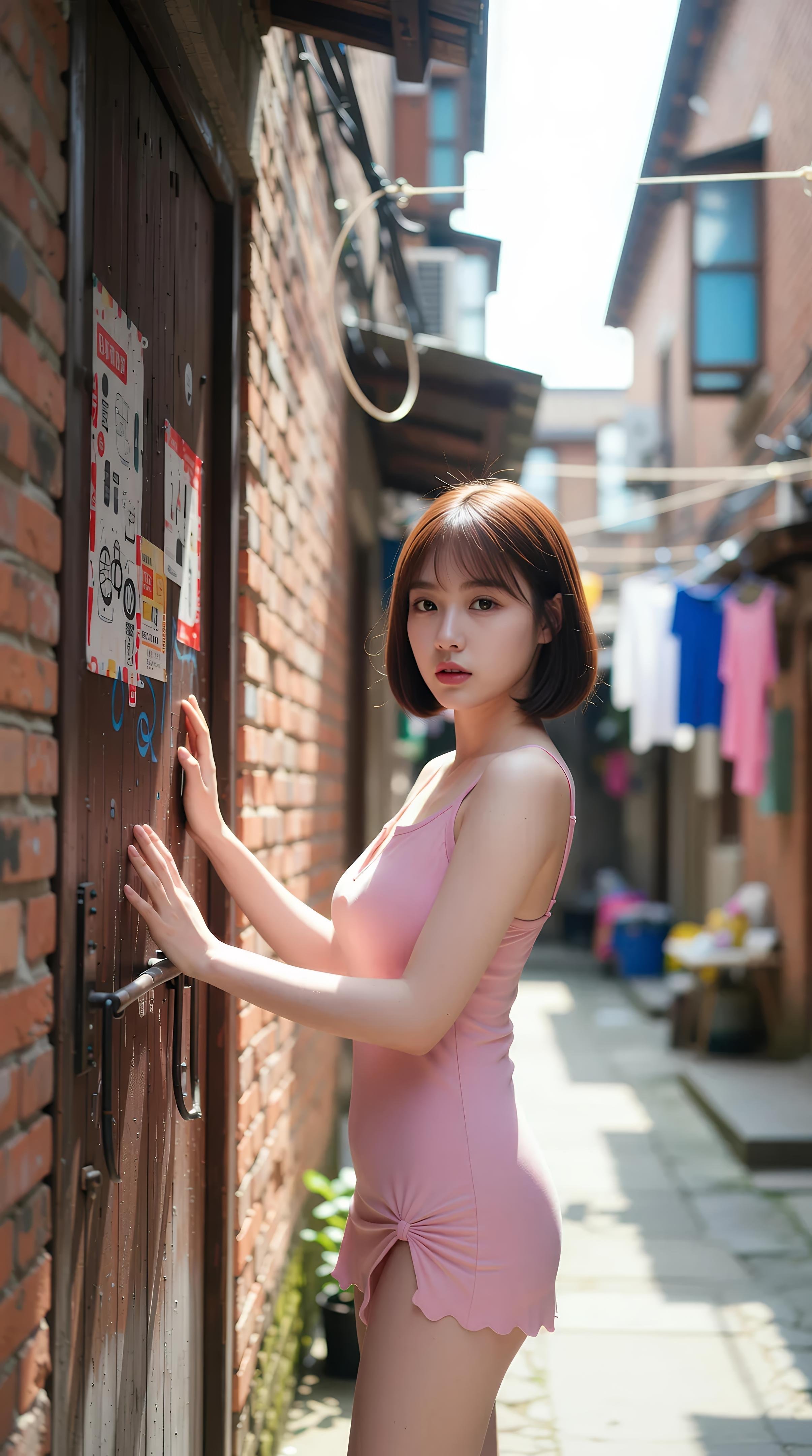 [AI美女] 小喬不喬 - 粉色短裙街巷：戶外陽光清純美腿 97P
