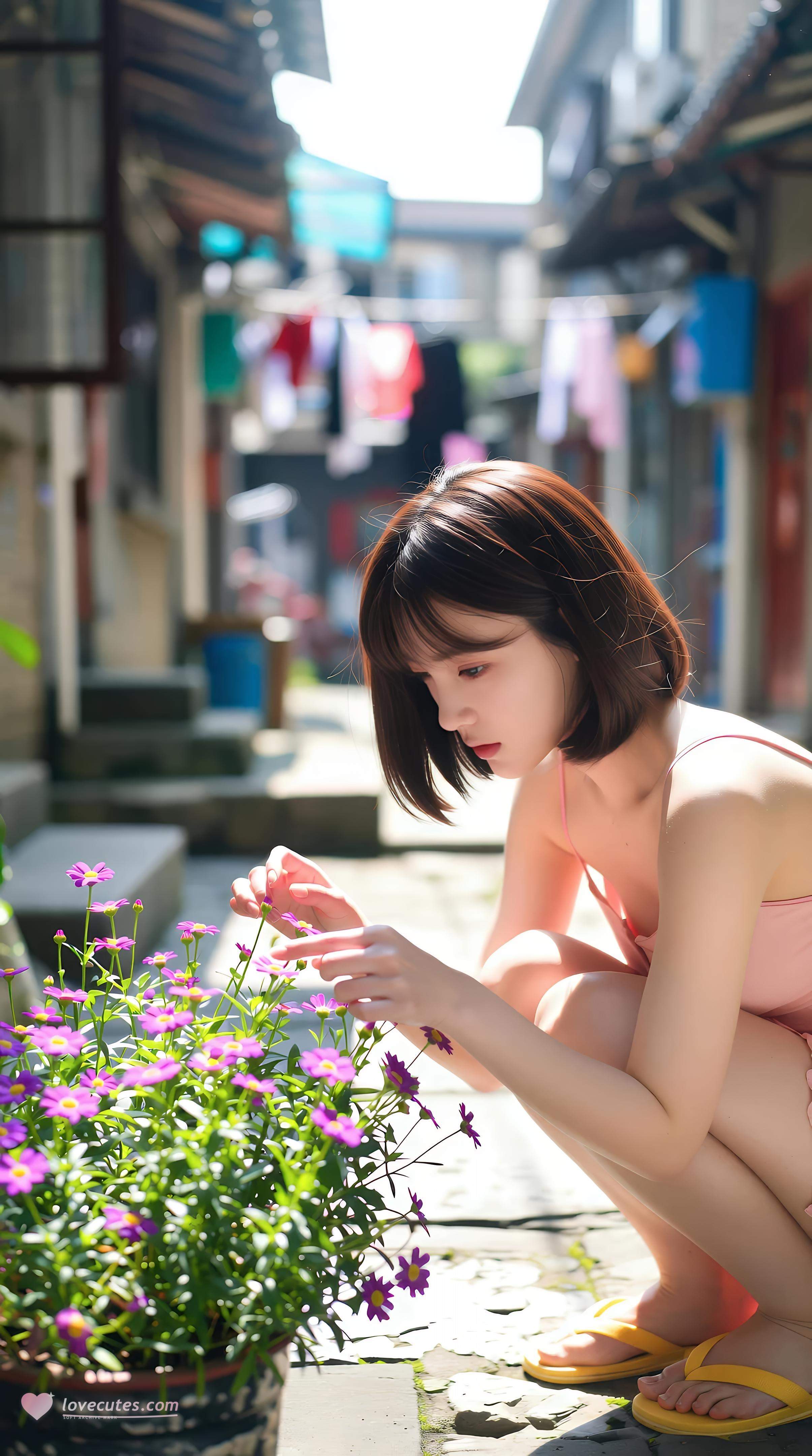 [AI美女] 小喬不喬 - 粉色短裙街巷：戶外陽光清純美腿 97P