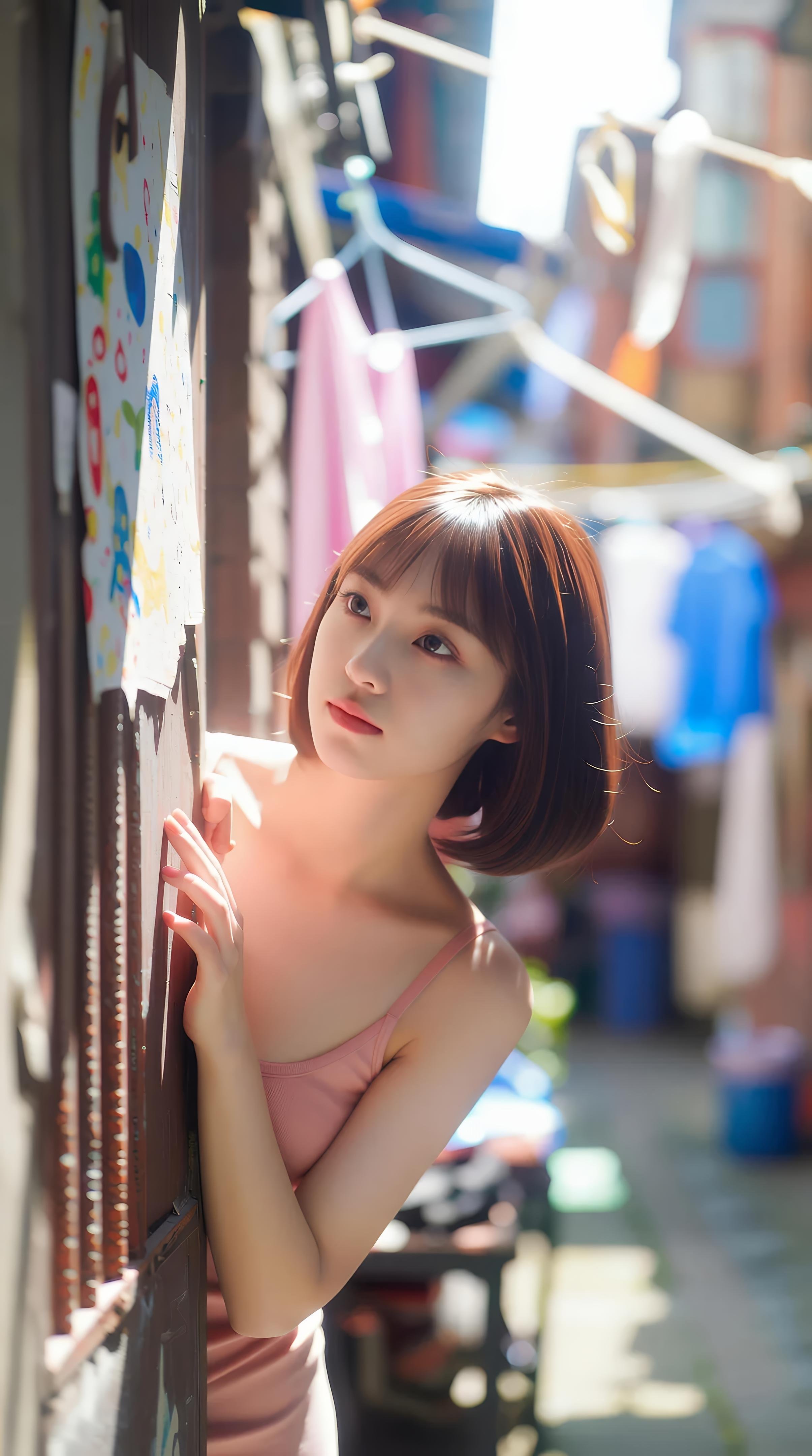 [AI美女] 小喬不喬 - 粉色短裙街巷：戶外陽光清純美腿 97P
