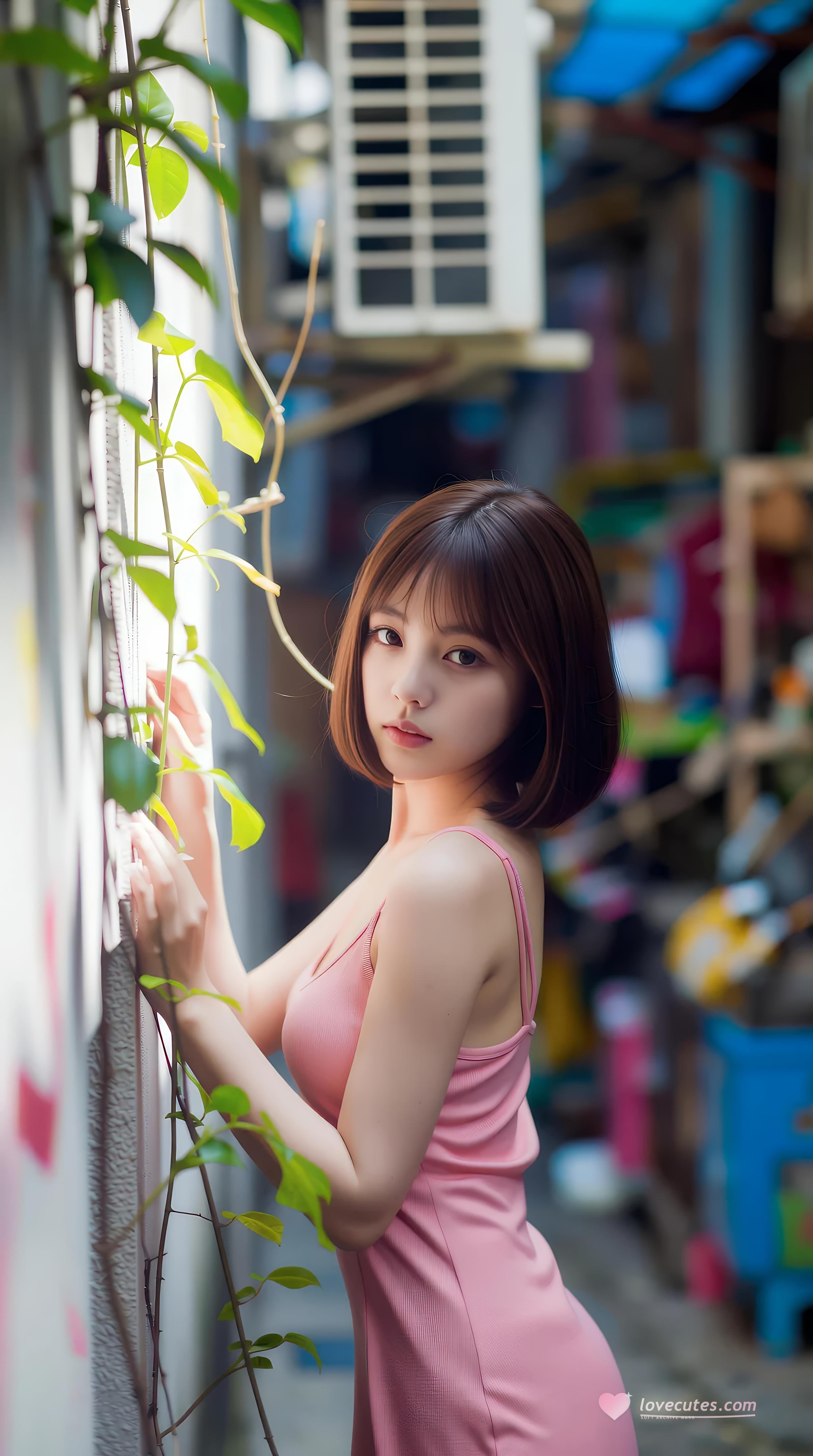 [AI美女] 小喬不喬 - 粉色短裙街巷：戶外陽光清純美腿 97P
