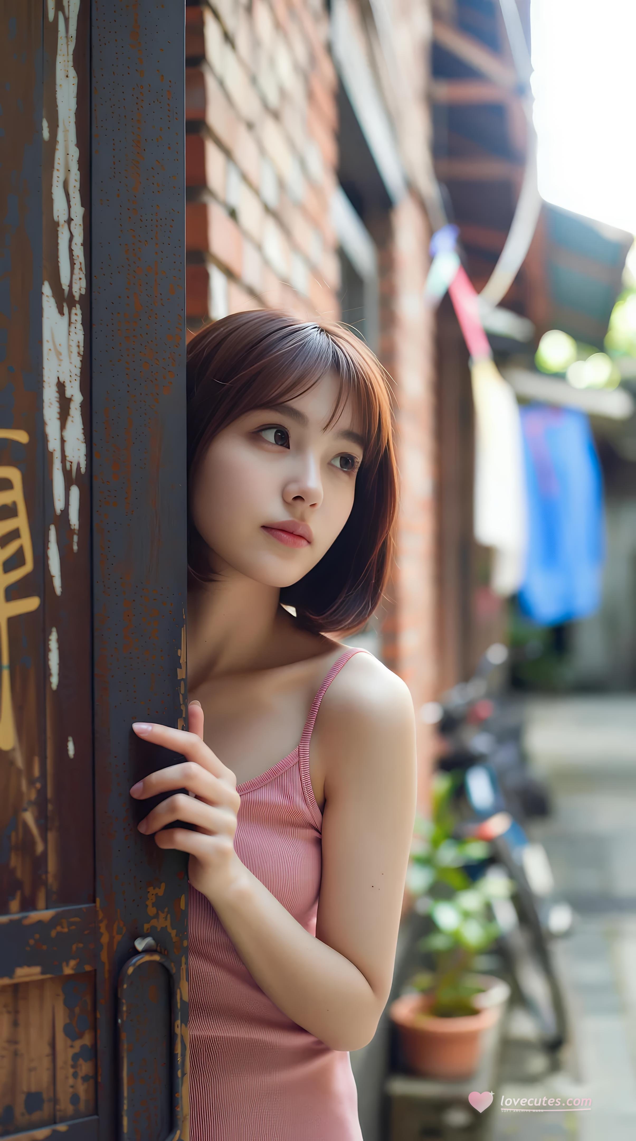 [AI Beauty] Xiao Qiao Bu Qiao - Pink Short Skirt Alley: Outdoor Sunny Pure Aesthetic Long Legs 97P