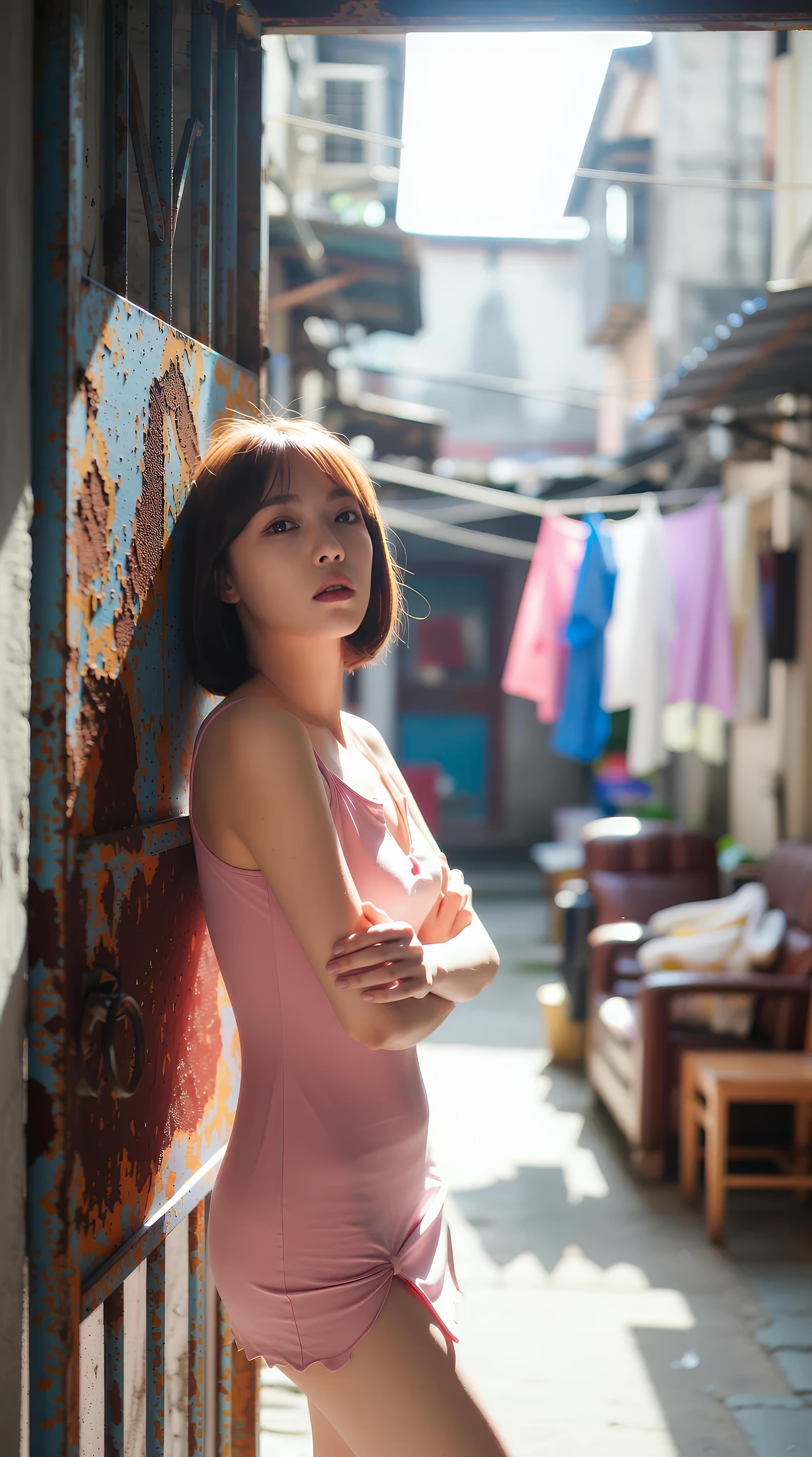 [AI Beauty] Xiao Qiao Bu Qiao - Pink Short Skirt Alley: Outdoor Sunny Pure Aesthetic Long Legs 97P