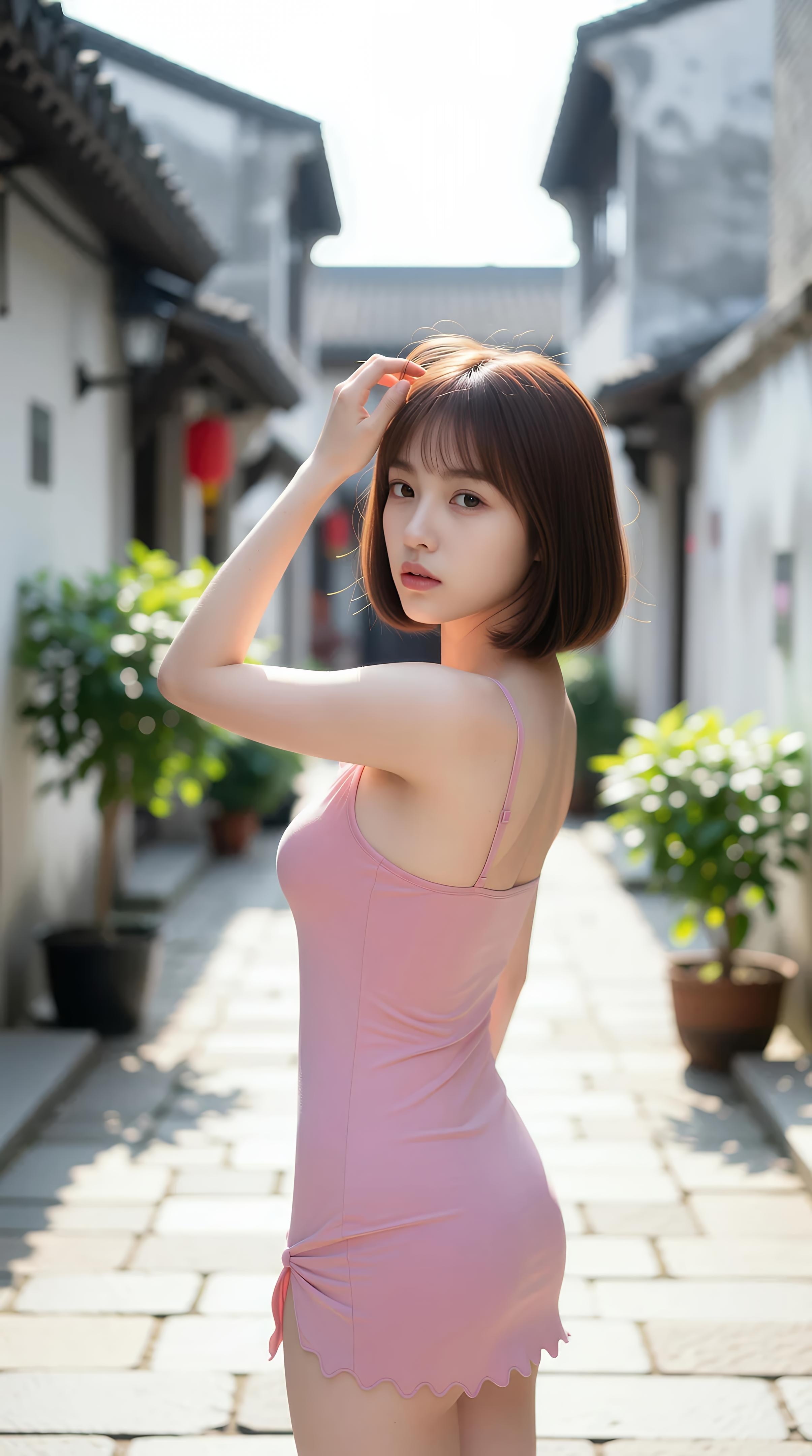 [AI Beauty] Xiao Qiao Bu Qiao - Pink Short Skirt Alley: Outdoor Sunny Pure Aesthetic Long Legs 97P